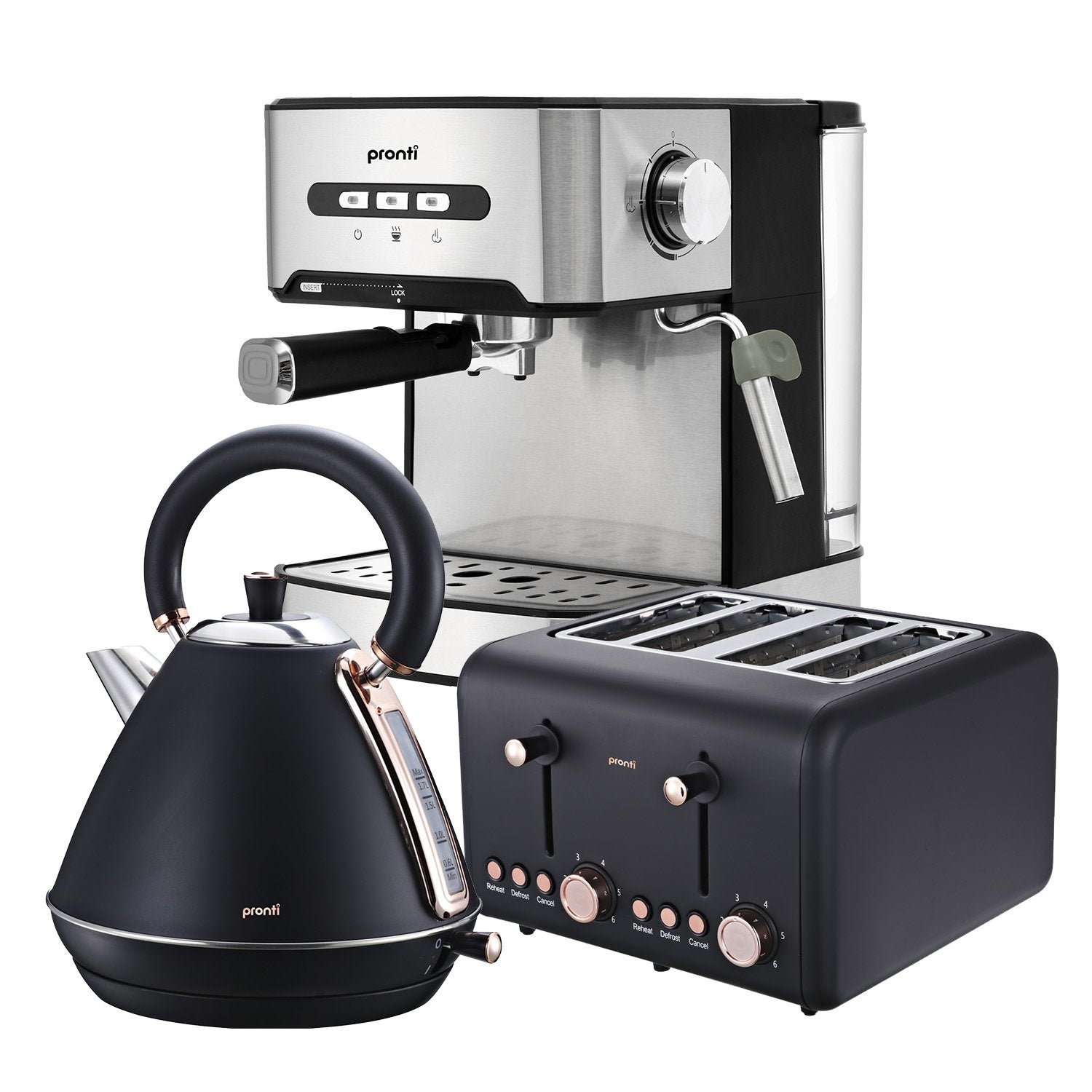 Pronti Toaster, Kettle & Coffee Machine Breakfast Set - Black V240-CM-KL-TS-COM-BK