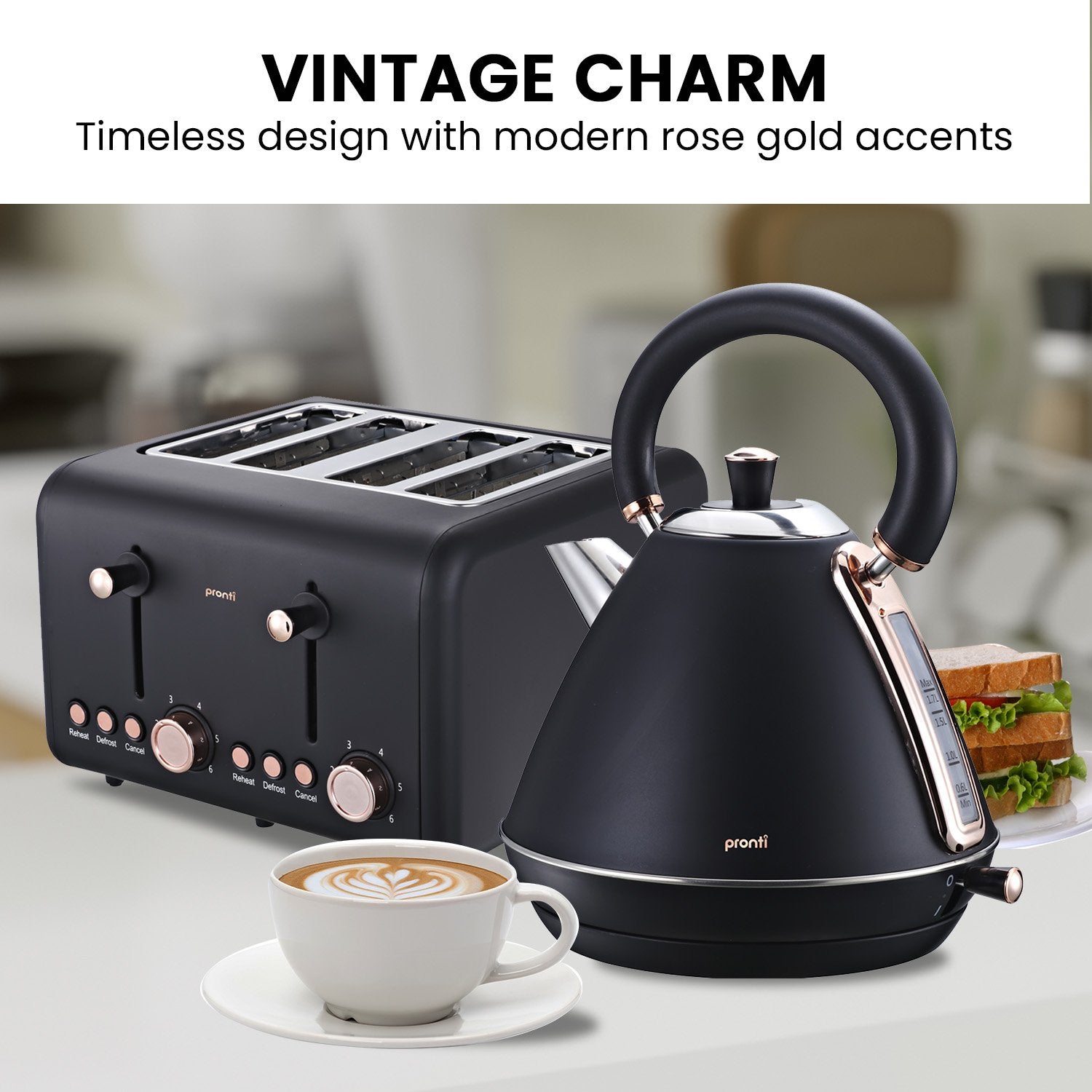 Pronti Toaster, Kettle & Coffee Machine Breakfast Set - Black V240-CM-KL-TS-COM-BK