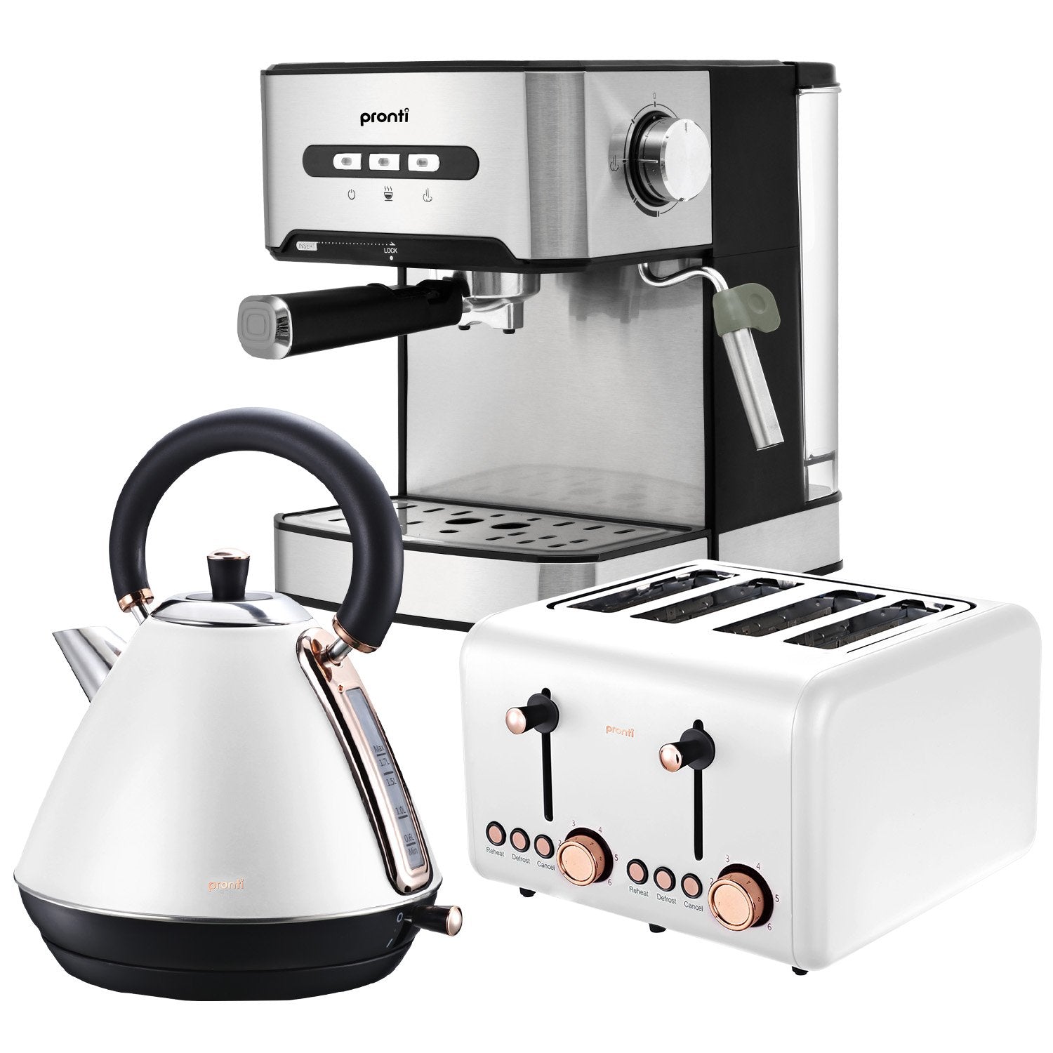 Pronti Toaster, Kettle & Coffee Machine Breakfast Set - White V240-CM-KL-TS-COM-WH