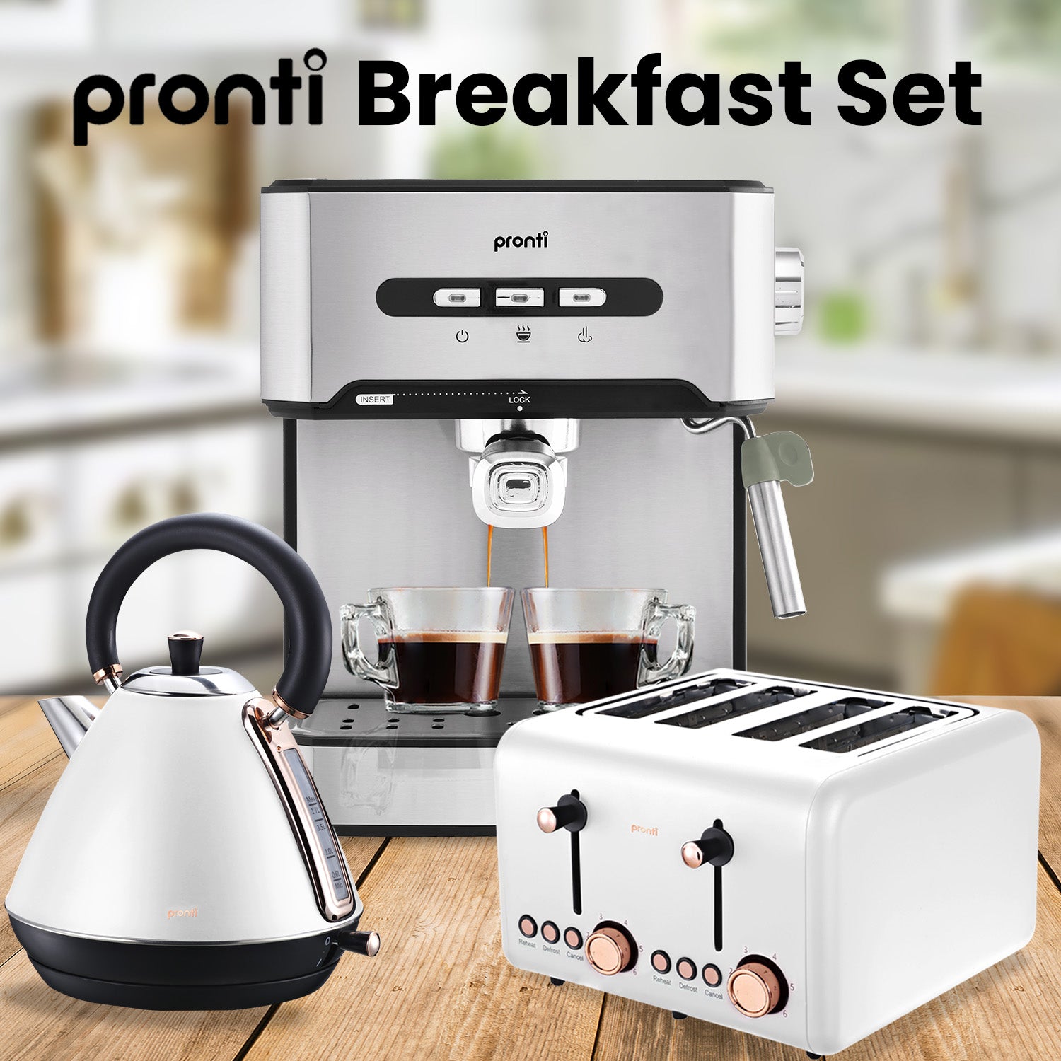 Pronti Toaster, Kettle & Coffee Machine Breakfast Set - White V240-CM-KL-TS-COM-WH