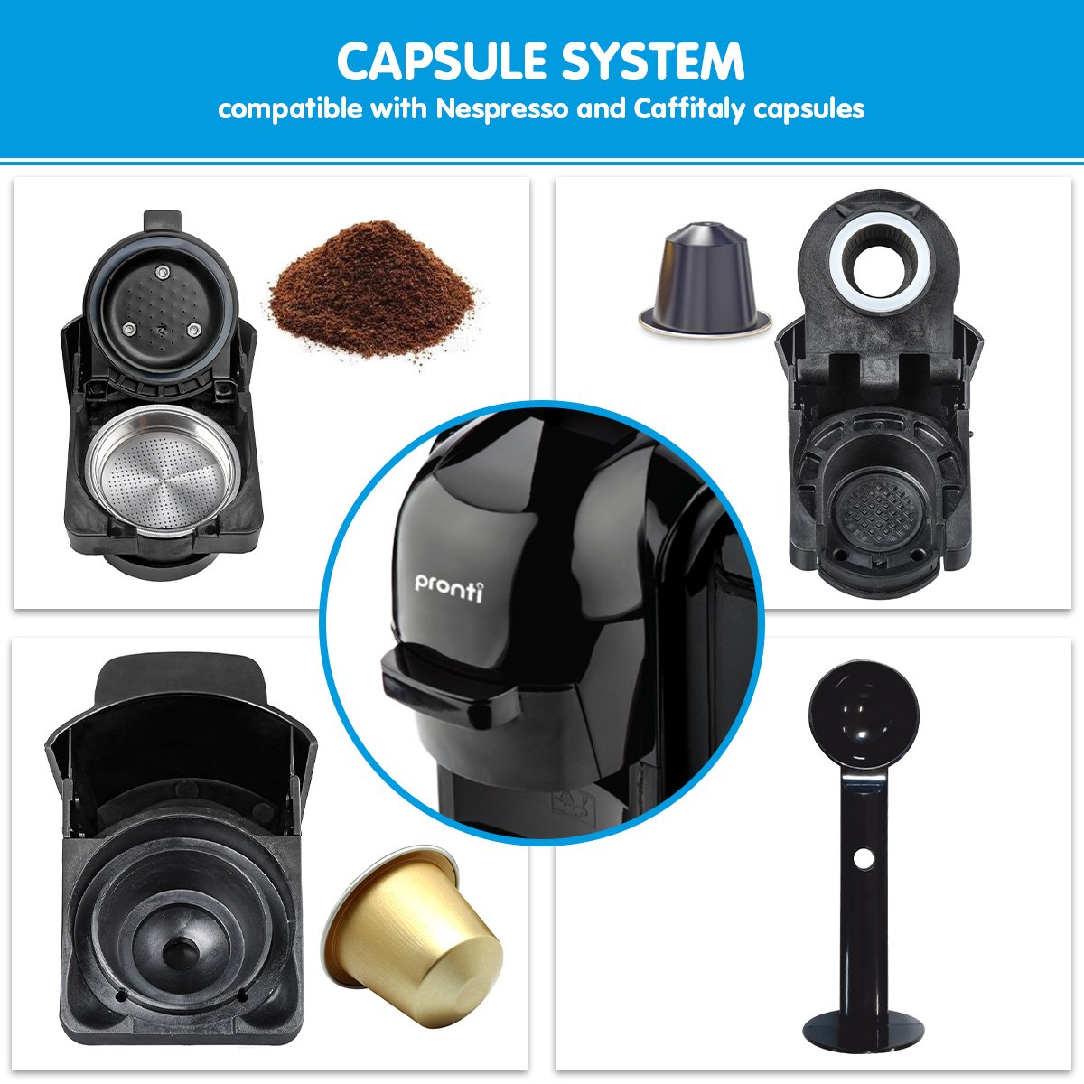Pronti HomeMaid 3-in-1 Coffee Machine Multi-Capsule Pods and Ground Coffee Nespresso & Caffitaly Compatible V240-CM511HM