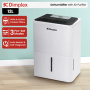 Dimplex Portable 12L Dehumidifier with Air Purifier in Black and White V240-DC12DEPUR