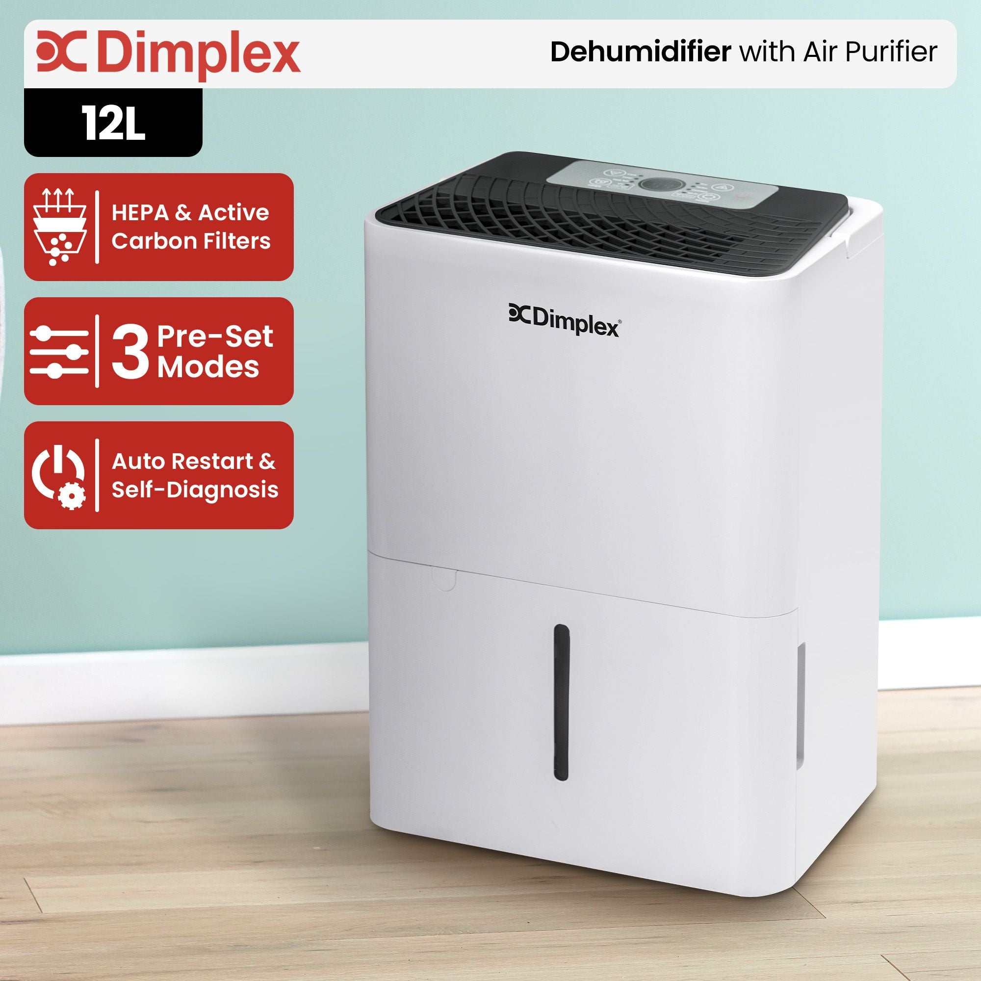 Dimplex Portable 12L Dehumidifier with Air Purifier in Black and White V240-DC12DEPUR