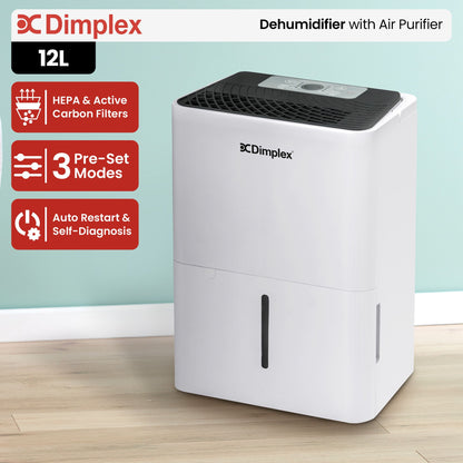 Dimplex Portable 12L Dehumidifier with Air Purifier in Black and White V240-DC12DEPUR