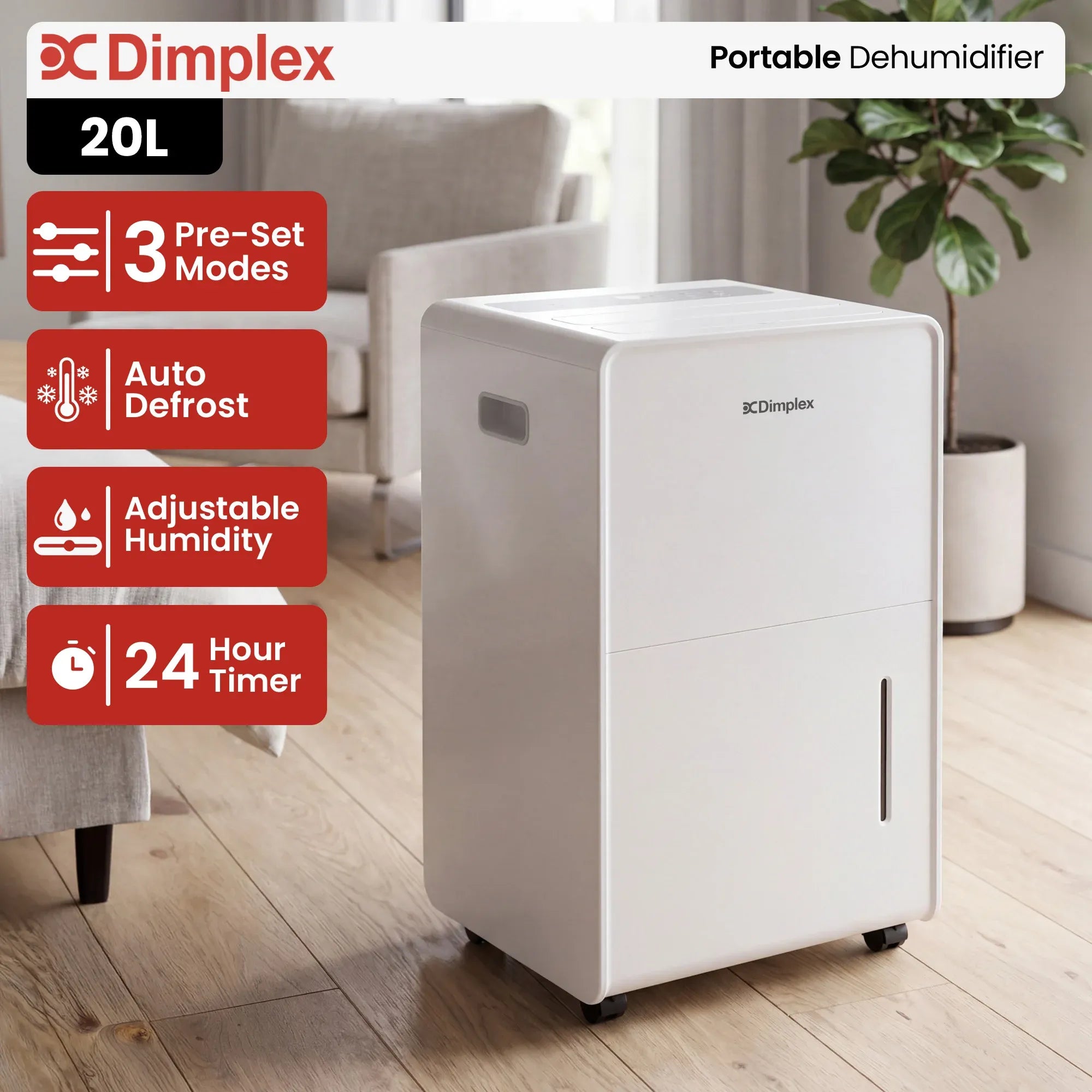 Dimplex 20L Portable Dehumidifier w/ Preset Modes Fan Speeds 4L Water Tank Timer V240-DC20DEHUM
