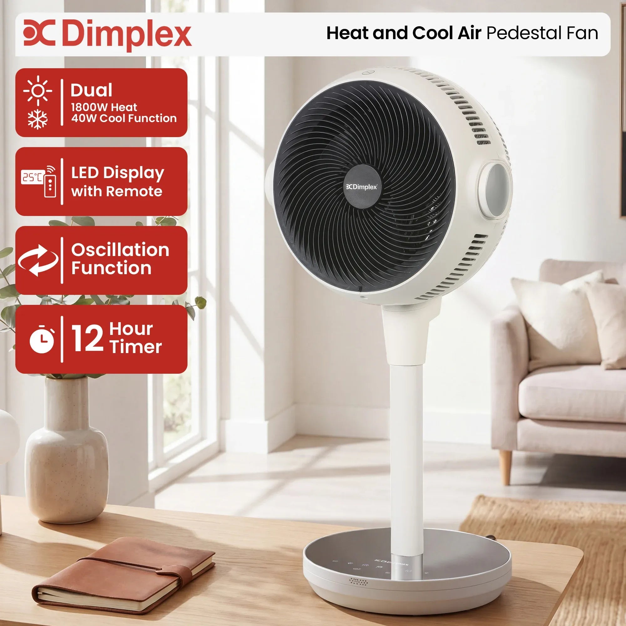 Dimplex Heat and Cool Air Circulator Pedestal Fan with LED Display and Timer V240-DCACP30HC
