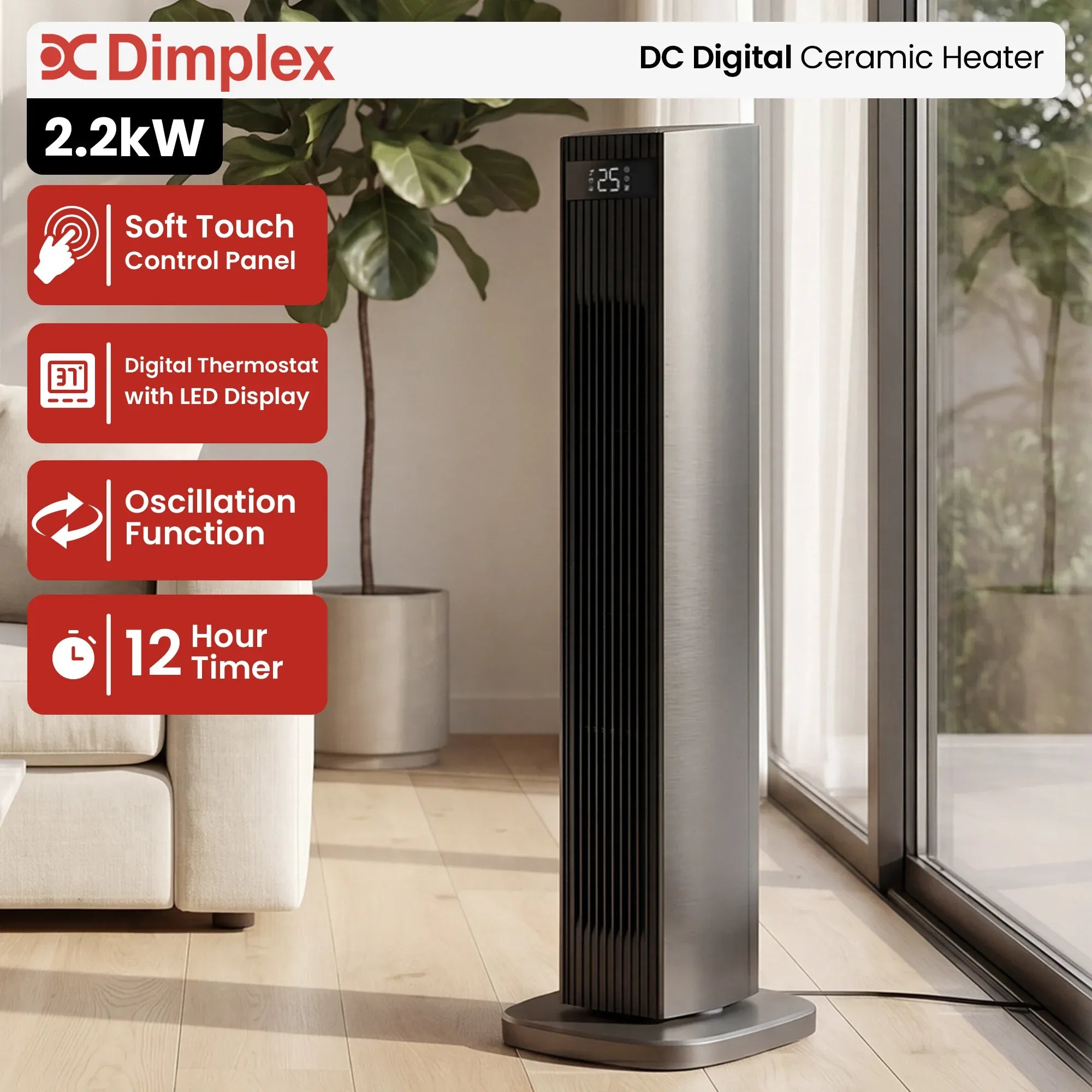 Dimplex 2.2kW DC Digital Ceramic Oscillating Electric Heater with Timer V240-DHCHA22R