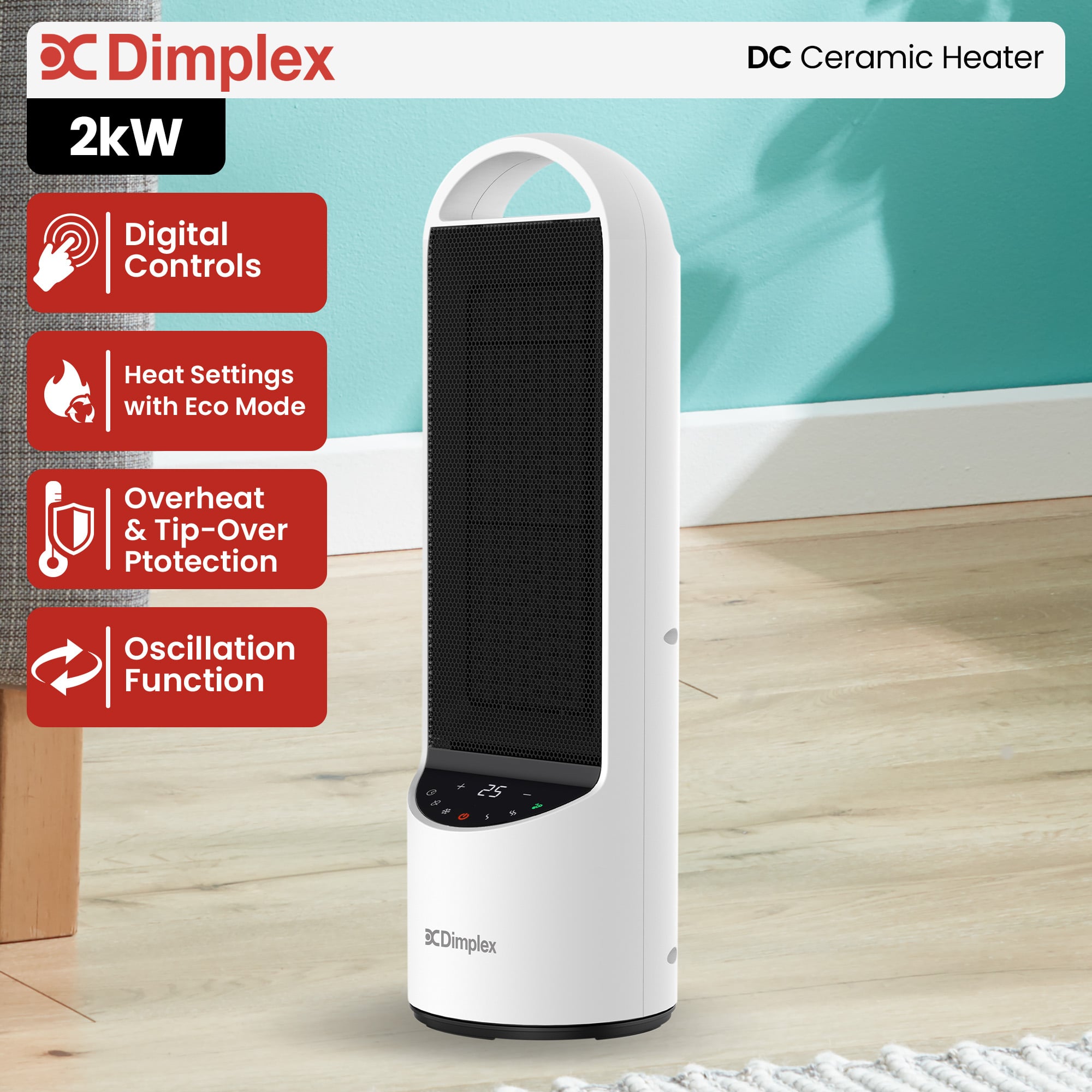 Dimplex 2kW Personal DC Digital Ceramic Heater in Black and White V240-DHCHR20D