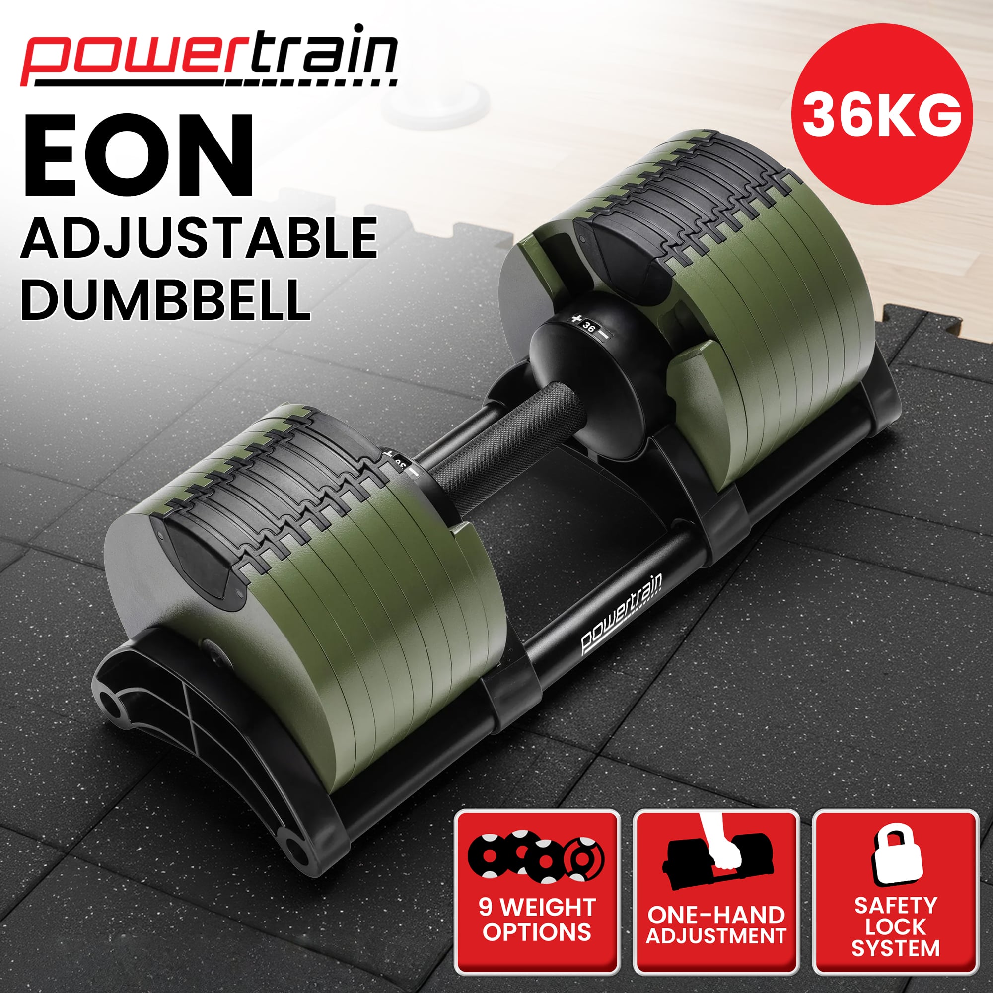 Powertrain Eon Dial-Up 36KG Adjustable Dumbbell - Green V240-DMB-B10-036-GN-1