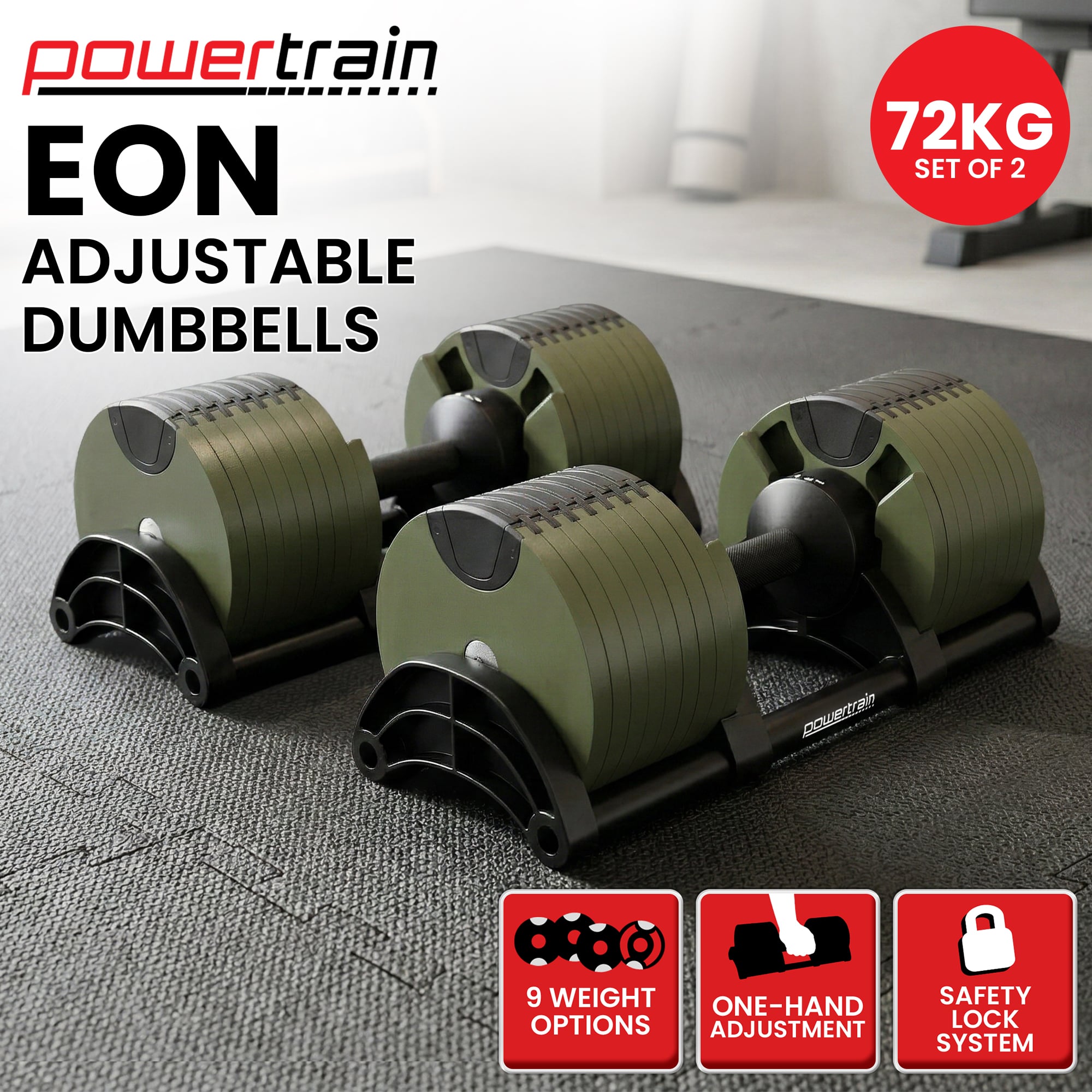 Powertrain Eon Dial-Up 72KG Adjustable Dumbbells Pair - Green V240-DMB-B10-036-GN-2