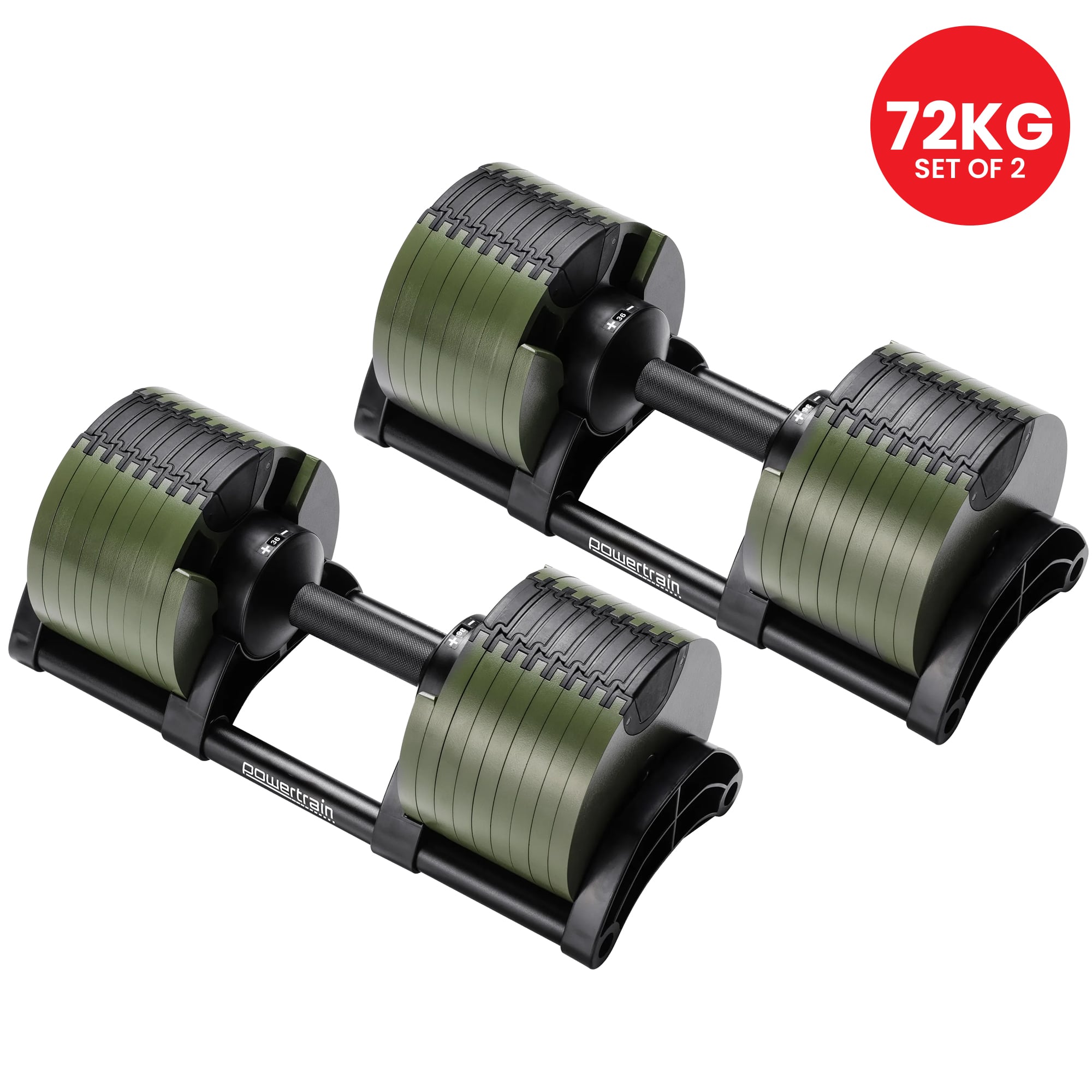 Powertrain Eon Dial-Up 72KG Adjustable Dumbbells Pair - Green V240-DMB-B10-036-GN-2