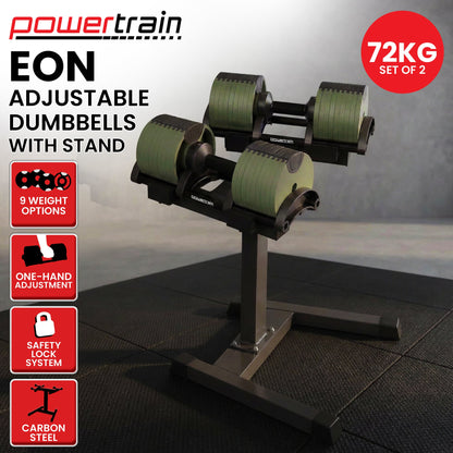 Powertrain Eon Dial-Up 72KG Adjustable Dumbbells Pair with Stand - Green V240-DMB-B10-036-GN-2S