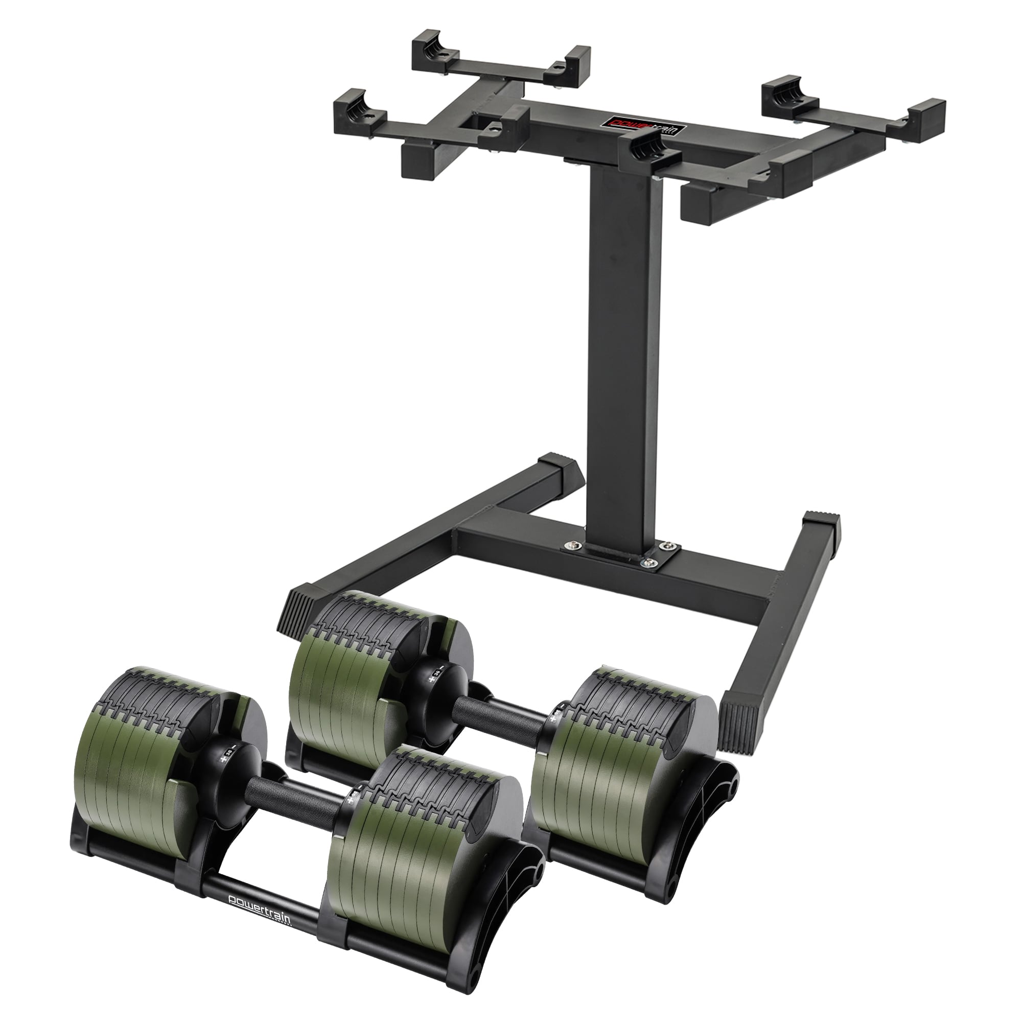 Powertrain Eon Dial-Up 72KG Adjustable Dumbbells Pair with Stand - Green V240-DMB-B10-036-GN-2S