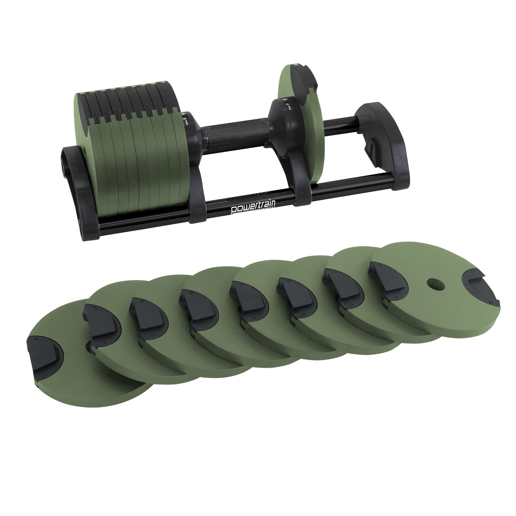 Powertrain Eon Dial-Up 72KG Adjustable Dumbbells Pair with Stand - Green V240-DMB-B10-036-GN-2S