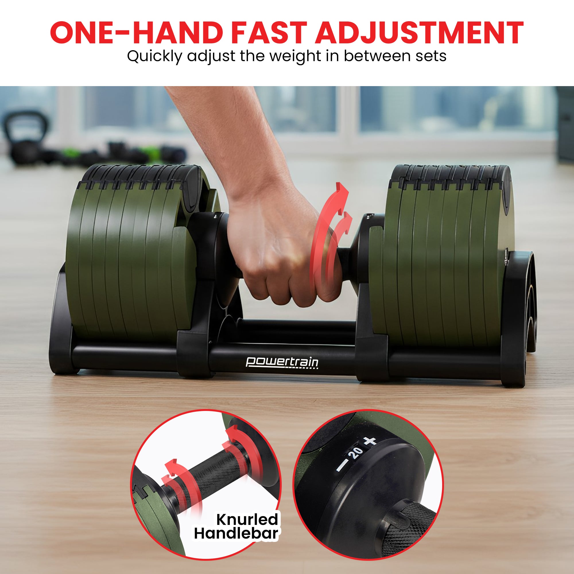 Powertrain Eon Dial-Up 72KG Adjustable Dumbbells Pair with Stand - Green V240-DMB-B10-036-GN-2S