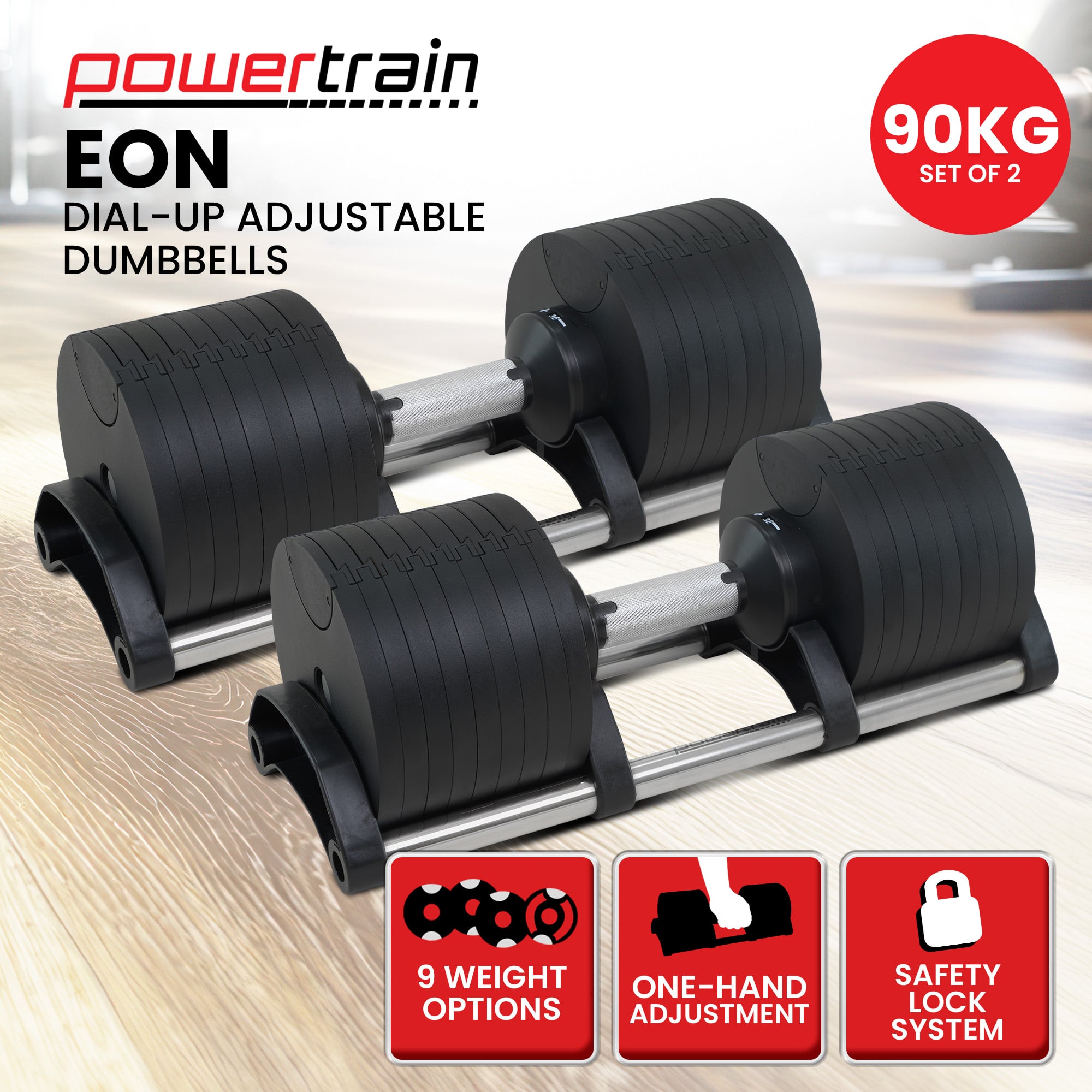 Powertrain Eon 90kg Adjustable Dumbbells Home Gym 9 Strength Training Safety Lock System Building & Fitness V240-DMB-B14-045-2