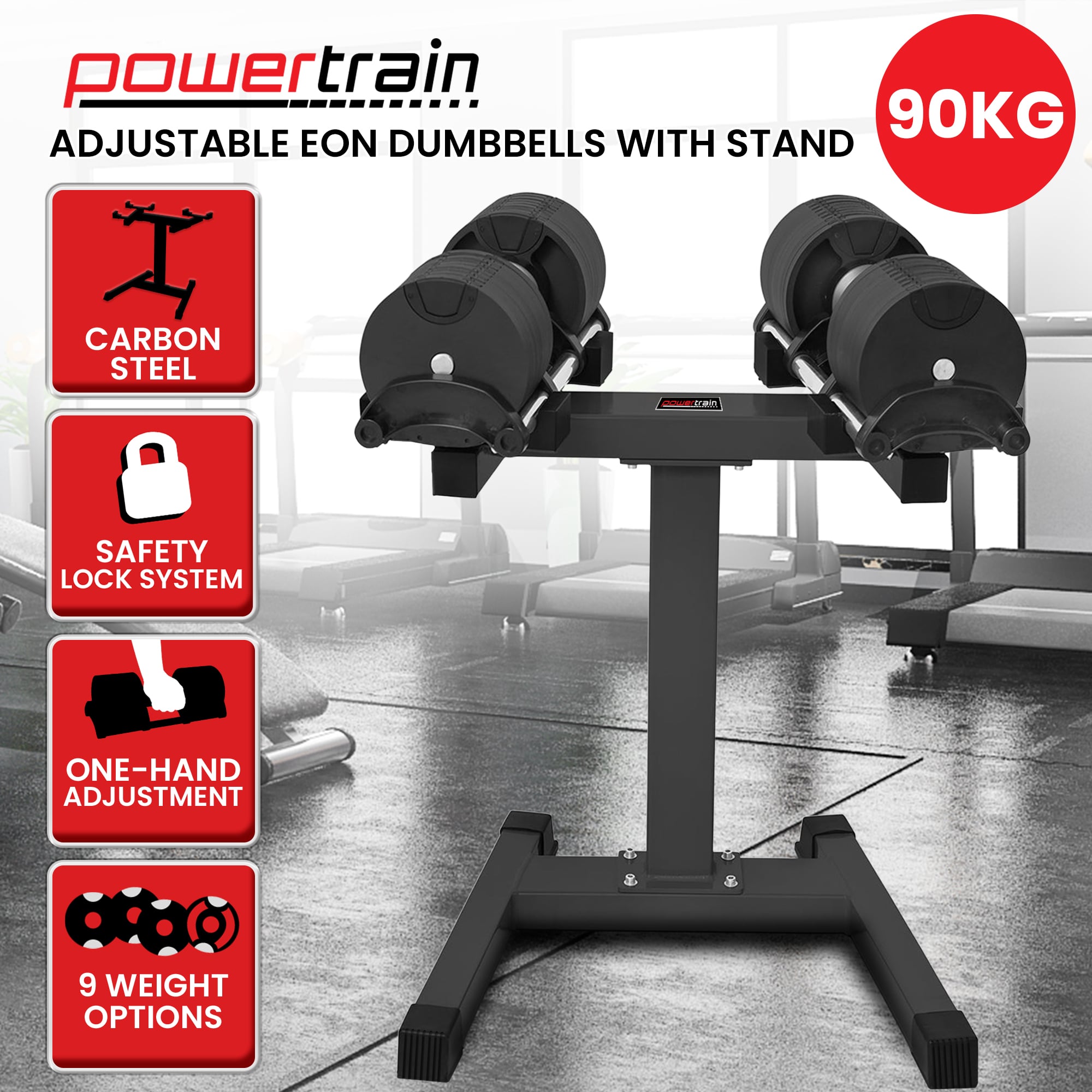 Powertrain Eon 2 X 45kg Adjustable Dumbbells W/ Stand Heavy-duty Storage Rack Home Gym 9 Strength Training V240-DMB-B14-045-2-STD