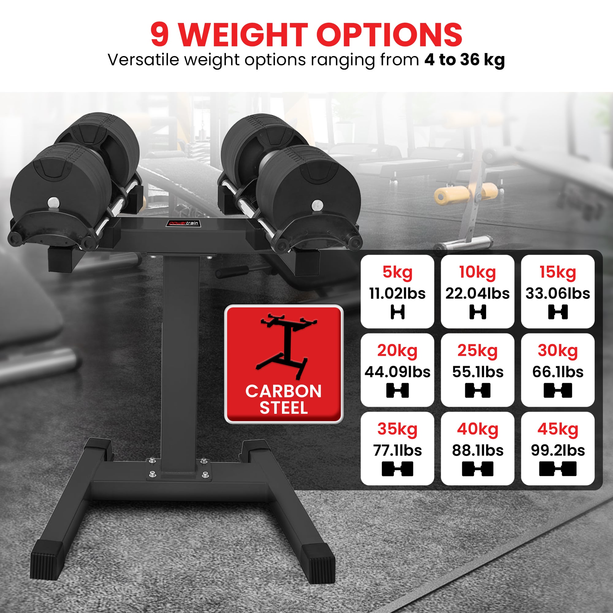 Powertrain Eon 2 X 45kg Adjustable Dumbbells W/ Stand Heavy-duty Storage Rack Home Gym 9 Strength Training V240-DMB-B14-045-2-STD