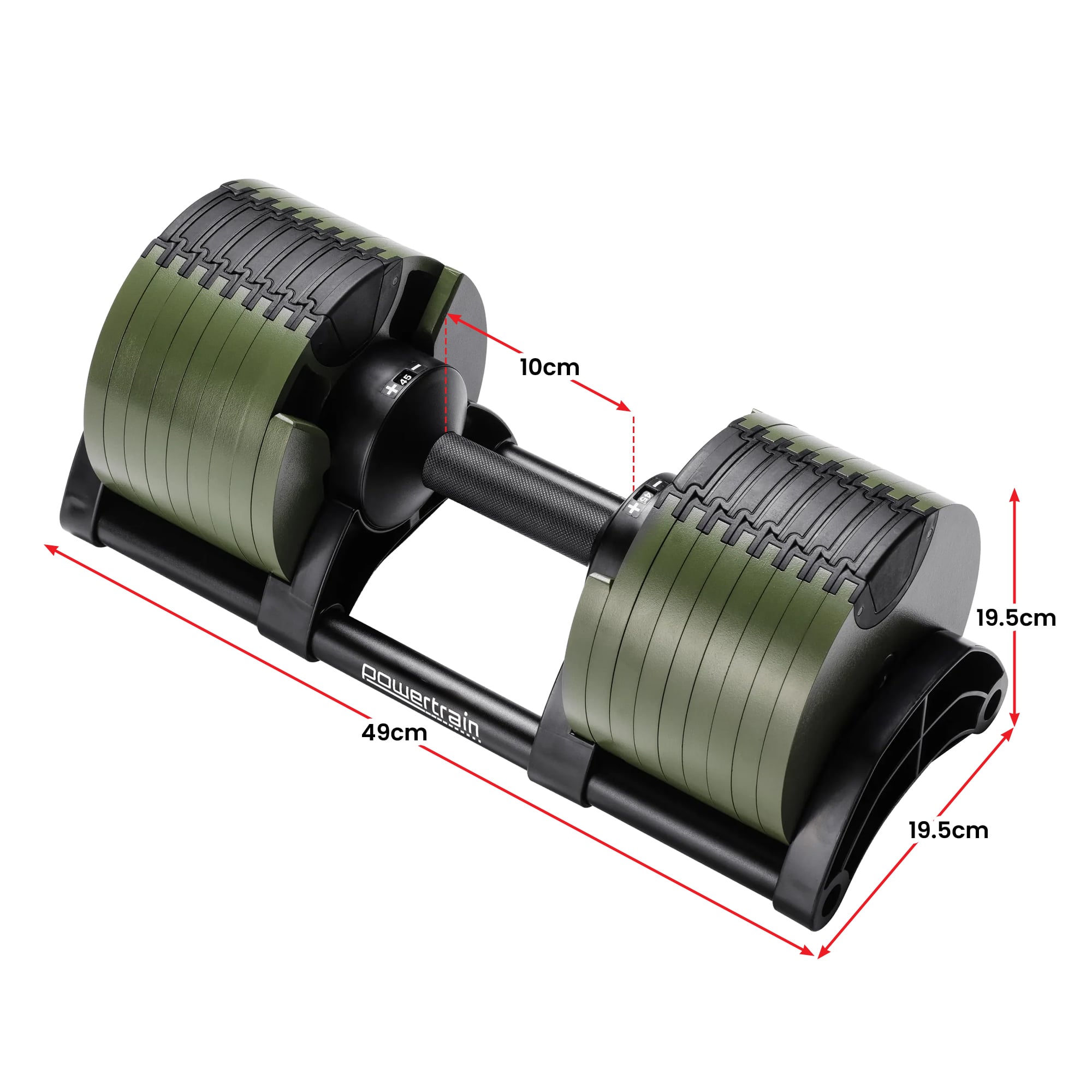 Powertrain Eon Dial-Up 90KG Adjustable Dumbbells Pair with Stand - Green V240-DMB-B14-045-GN-2S