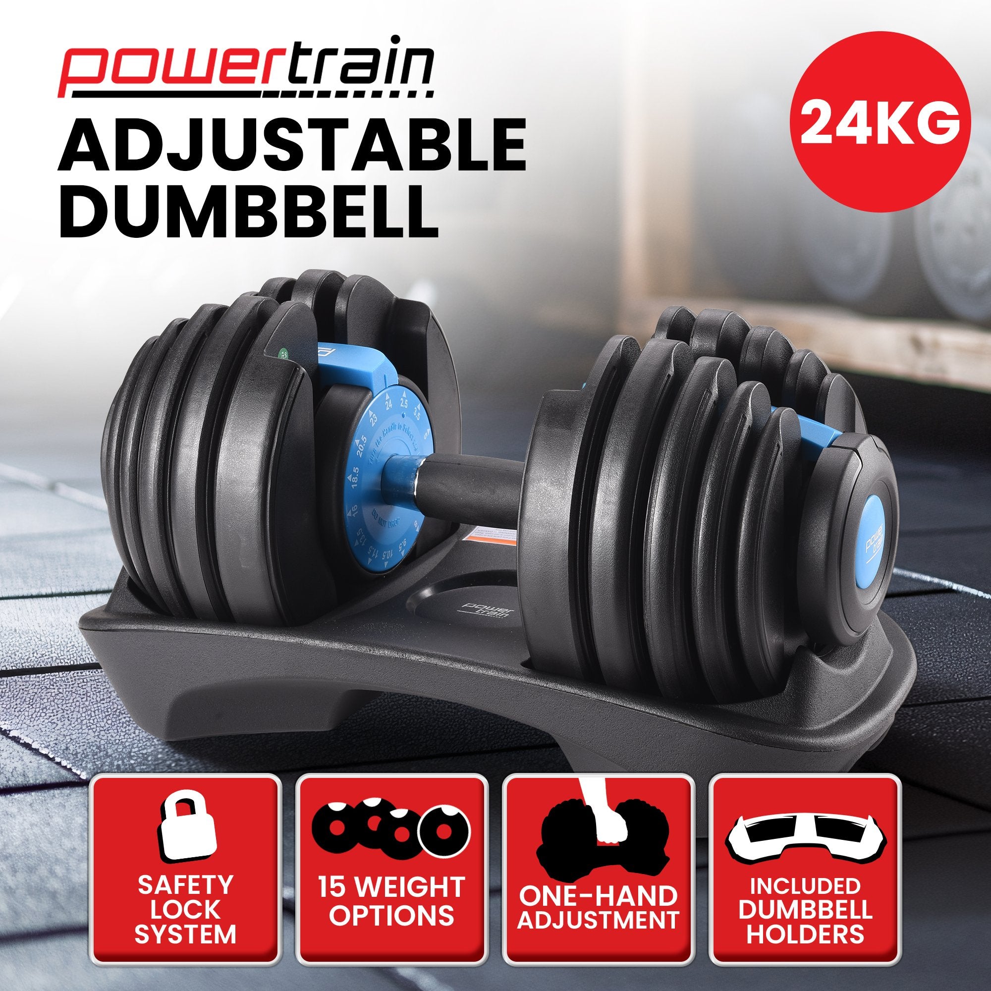 Powertrain 24KG Adjustable Home Gym Dumbbell - Blue V240-DMB-BF1-024-1-BU