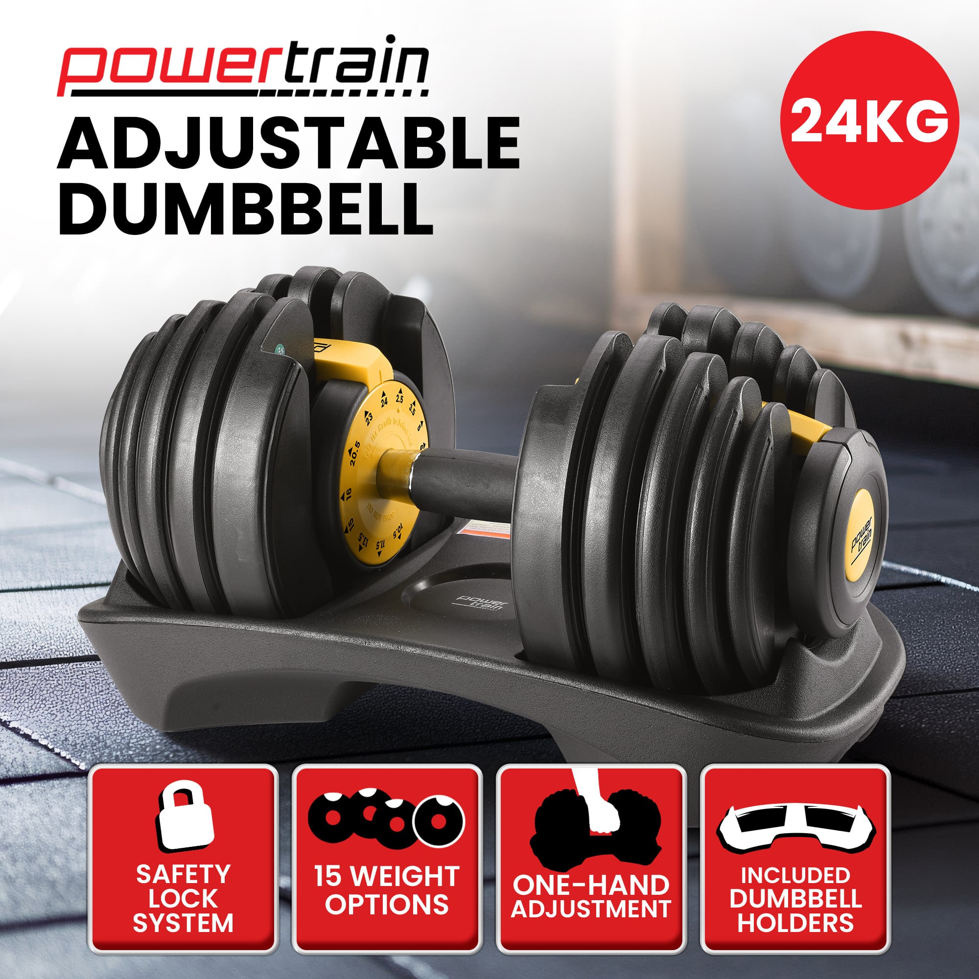 Powertrain 24KG Adjustable Home Gym Dumbbell - Gold V240-DMB-BF1-024-1-GD