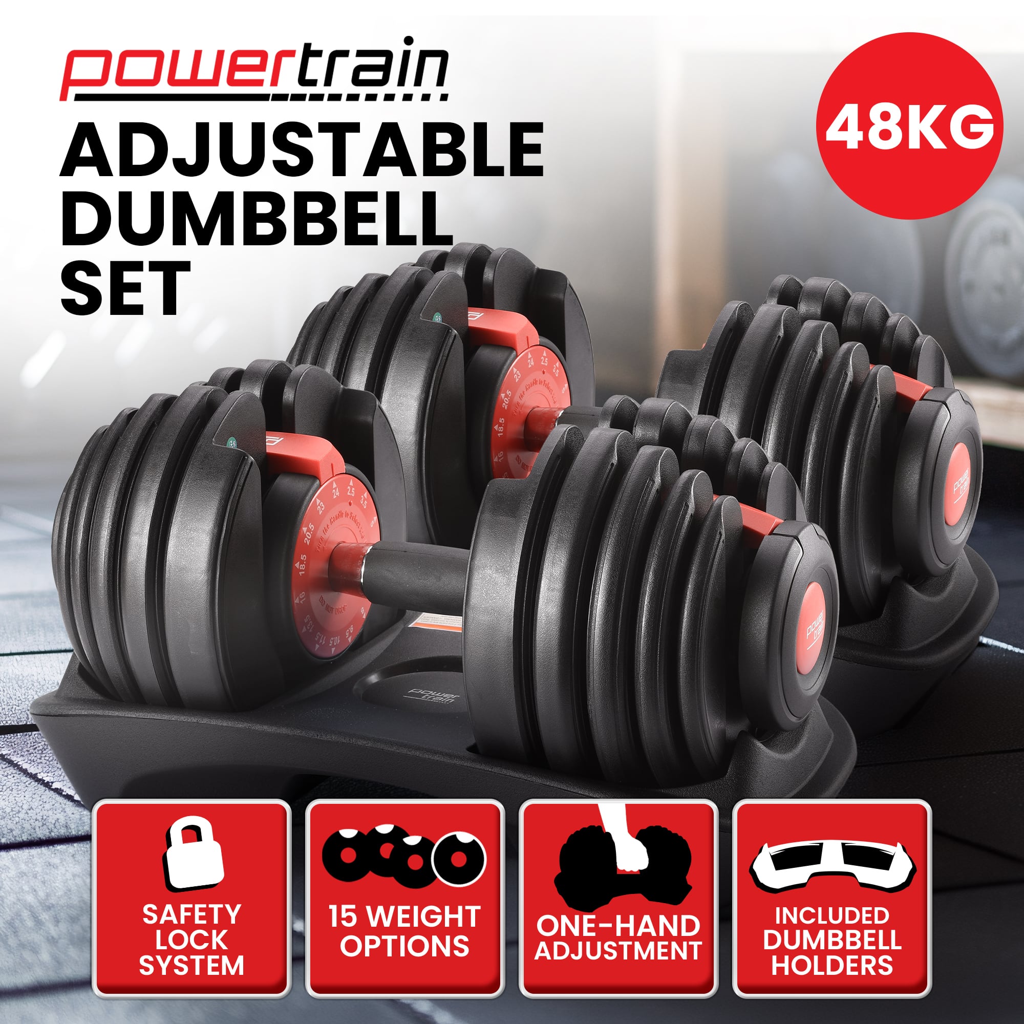 Powertrain 48kg Adjustable Dumbbells 15-in-1 Home Gym Weights - Red V240-DMB-BF1-024-2