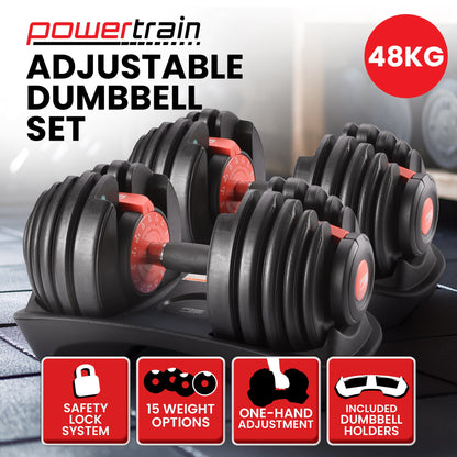 Powertrain 48kg Adjustable Dumbbells 15-in-1 Home Gym Weights - Red V240-DMB-BF1-024-2
