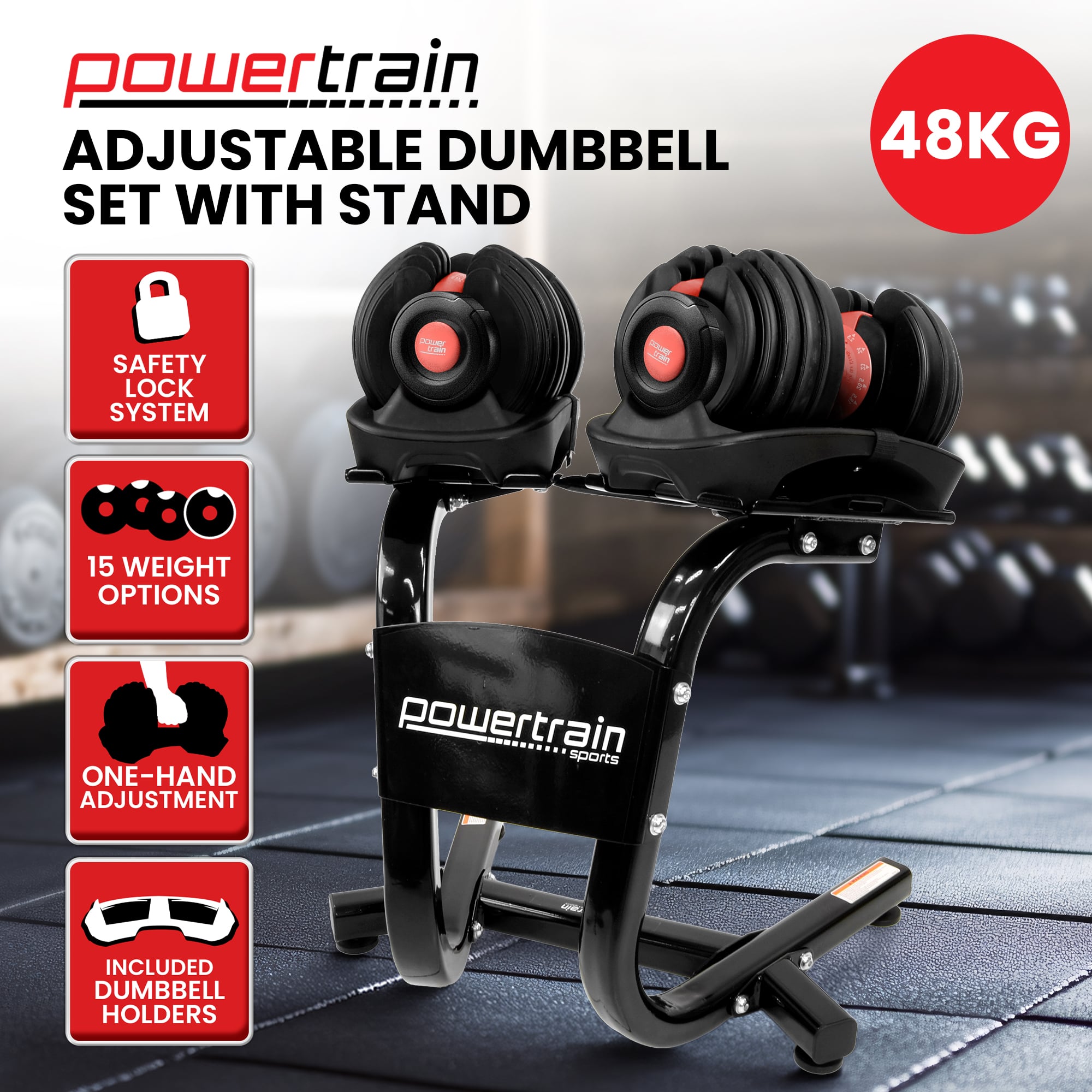 Powertrain 48kg Adjustable Dumbbells with Dumbbell Stand - Red V240-DMB-BF1-024-2S