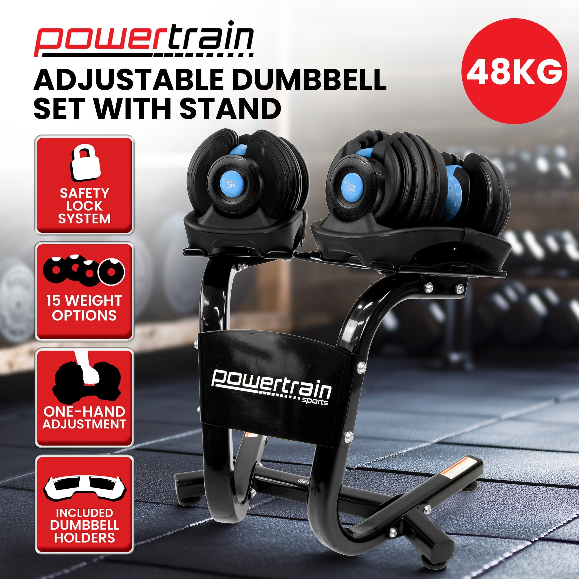 Powertrain 48KG Adjustable Dumbbell Set With Stand Blue V240-DMB-BF1-024-2S-BU