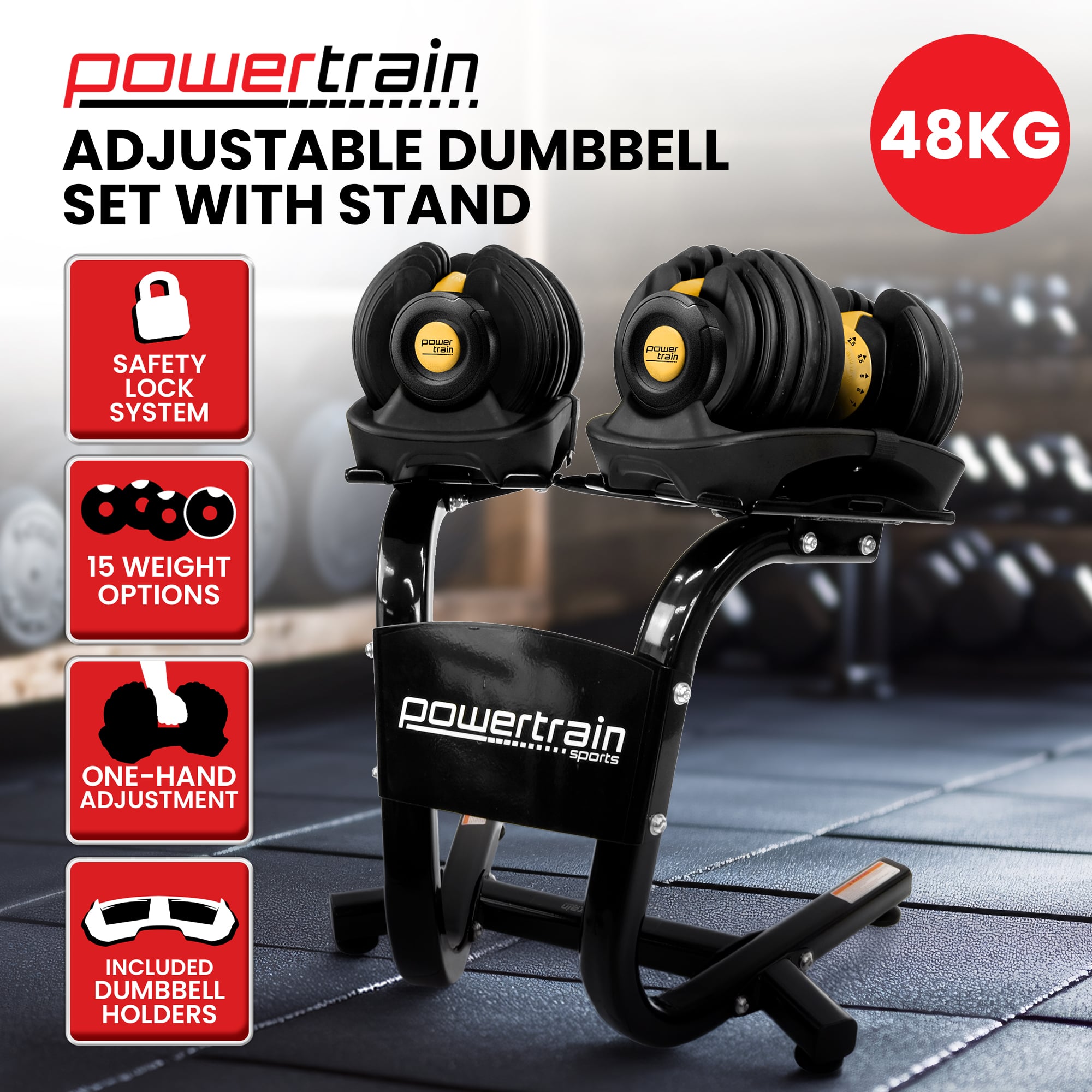 Powertrain 48KG Adjustable Dumbbell Set With Stand - Gold V240-DMB-BF1-024-2S-GD