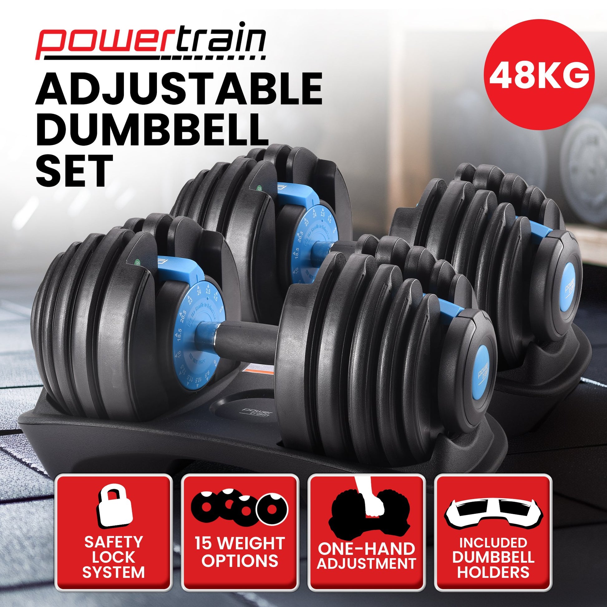 Powertrain 2x 24kg Adjustable Dumbbell Home Gym Set V240-DMB-BF1-024-BU-2