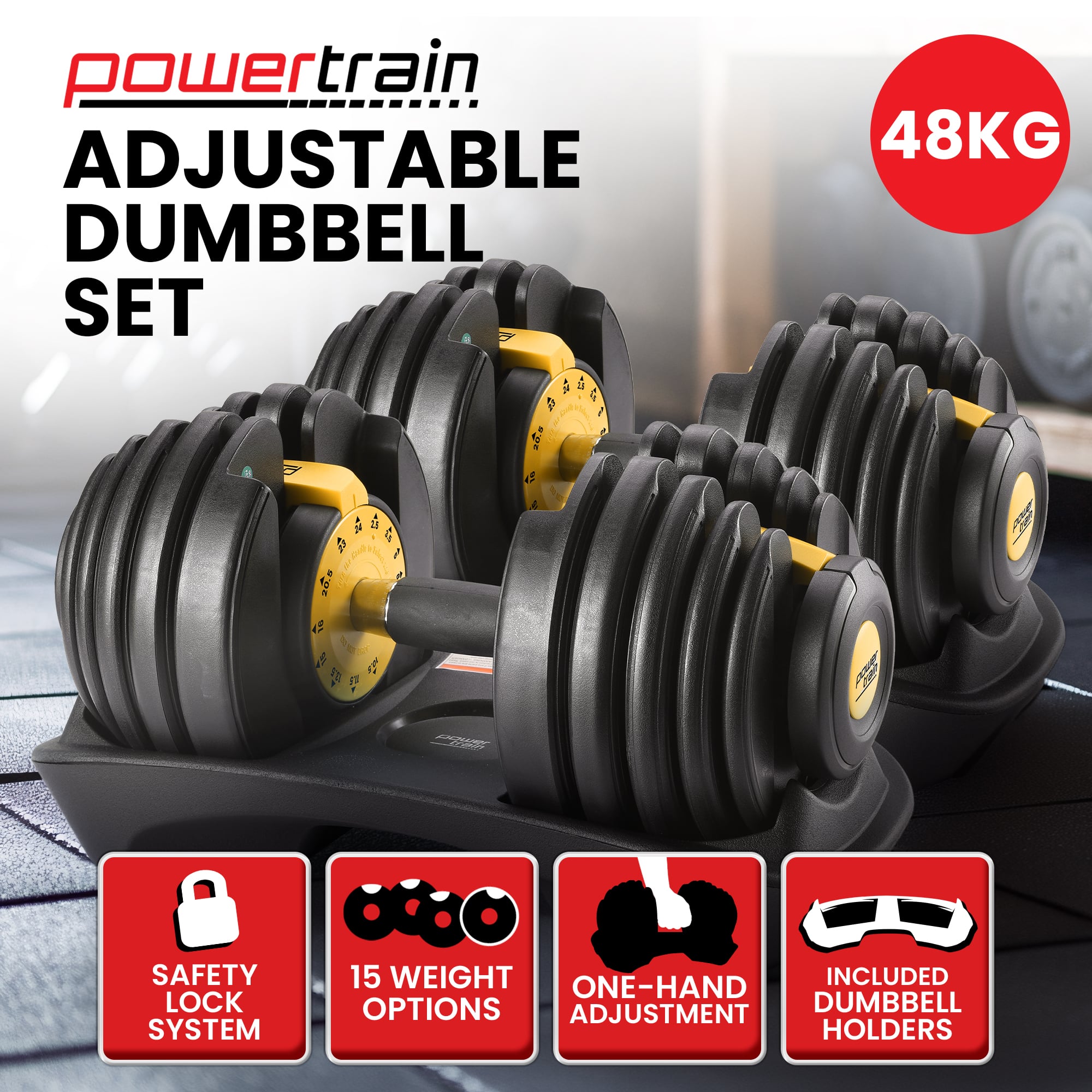 Powertrain 48kg Adjustable Dumbbell Home Gym Set Gold V240-DMB-BF1-024-GD-2