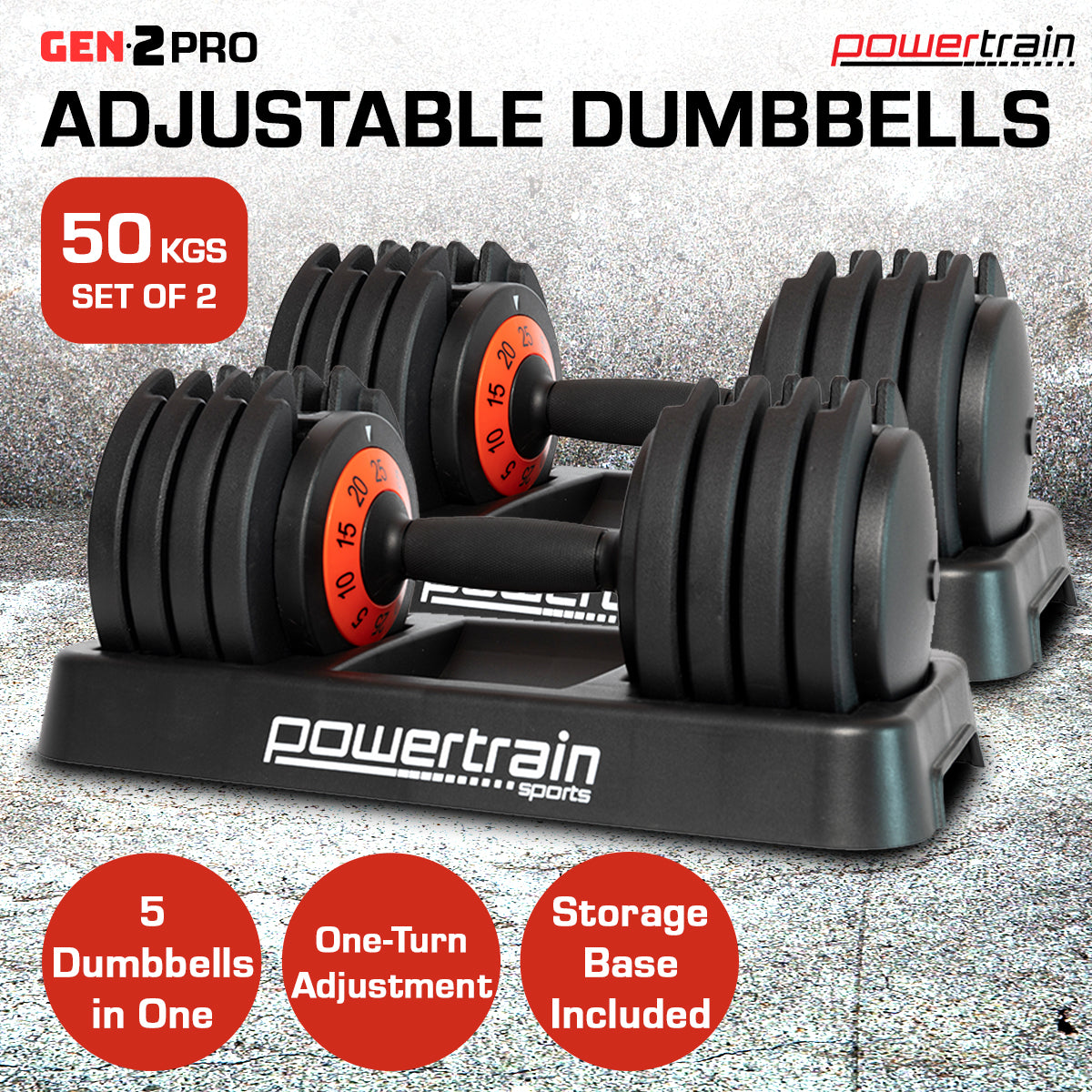 Powertrain GEN2 Pro Adjustable Dumbbell Set - 50kg V240-DMB-TD1-AD3-2