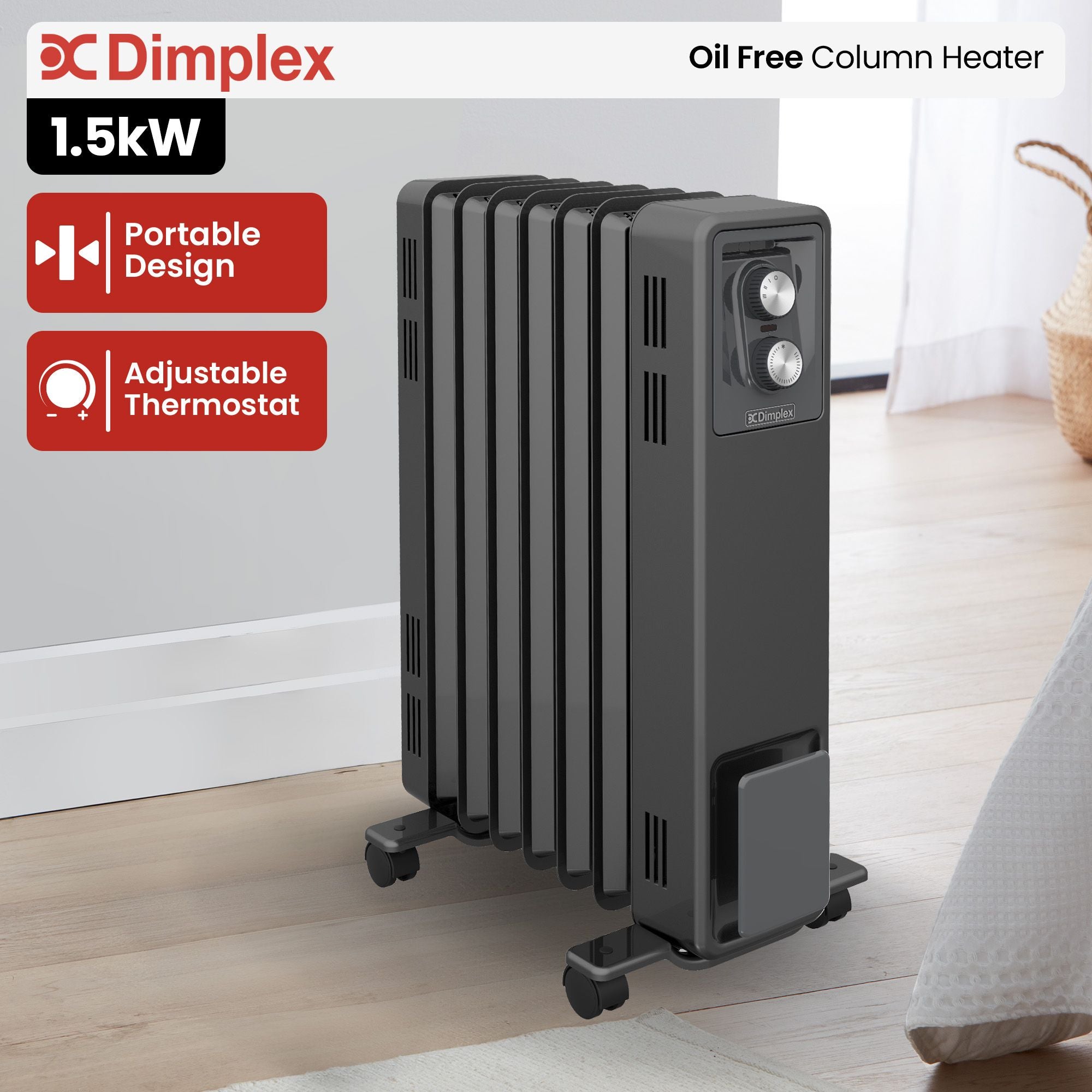 Dimplex Oil Free 1.5kW Column Heater w/ Thermostat in Black V240-ECR15