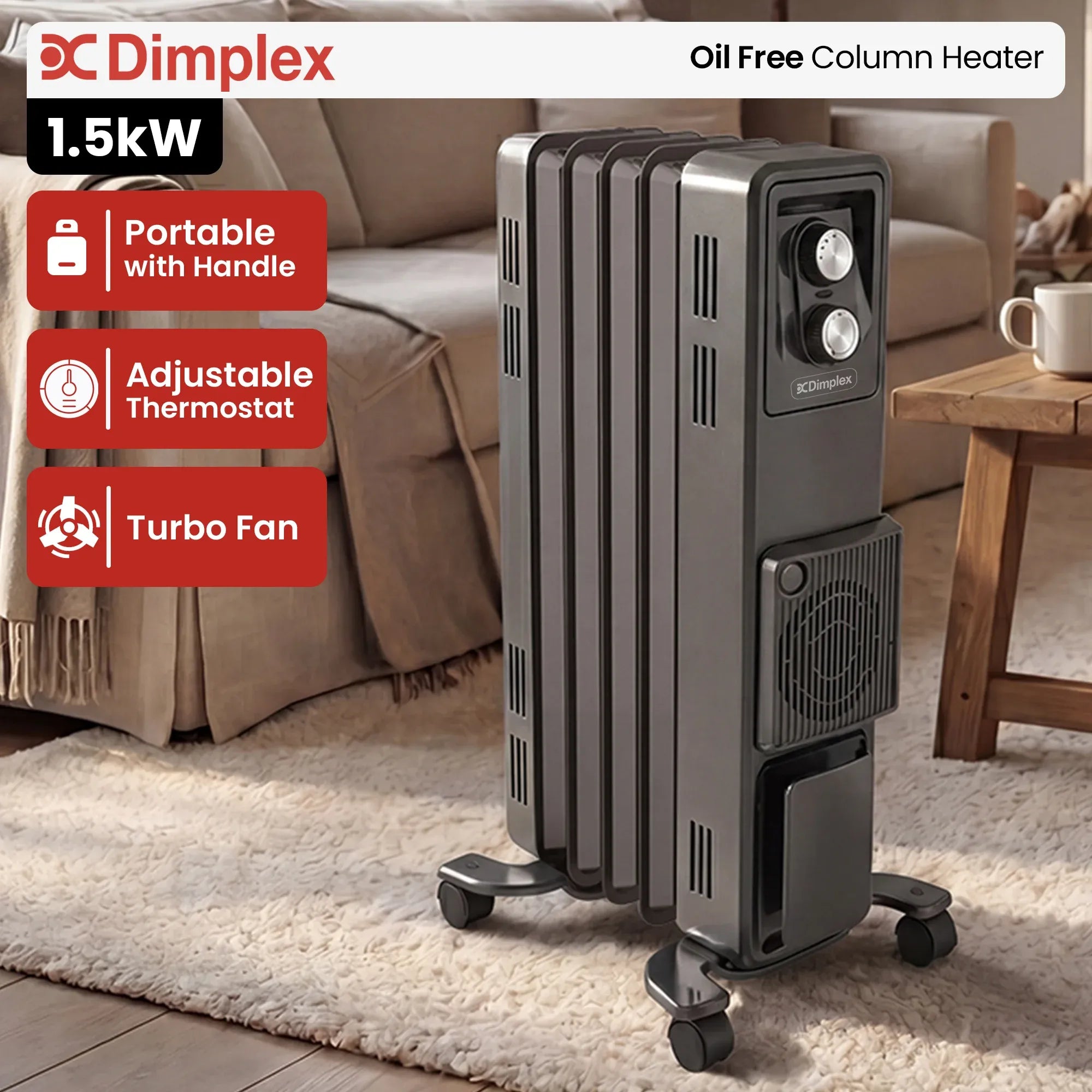 Dimplex 1.5kW Oil Free Column Heater 5 Fin with Thermostat Turbo Fan V240-ECR15FA