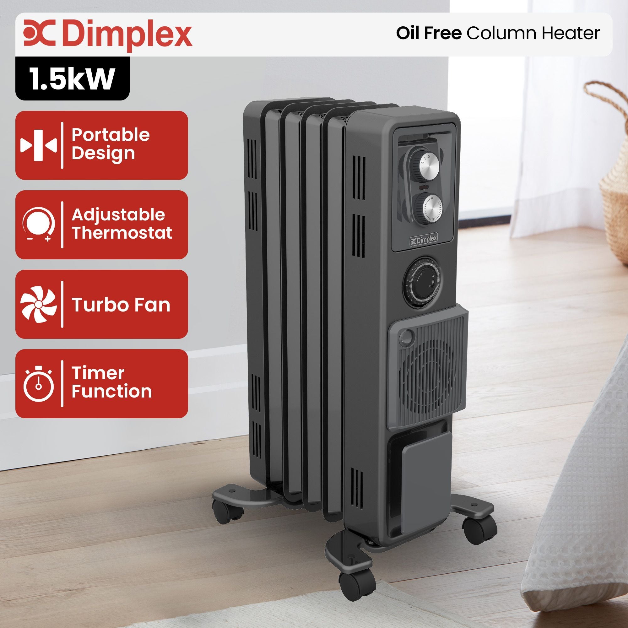 Dimplex Oil Free 1.5kW Column Heater w/ Turbo Fan and Timer in Black V240-ECR15TIF