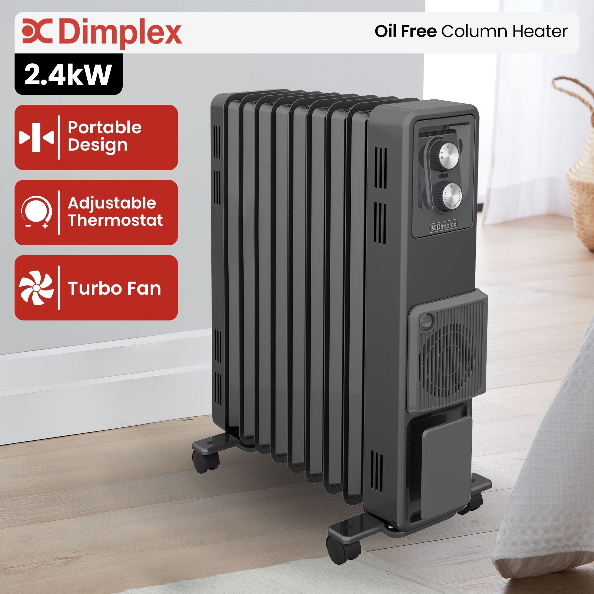 Dimplex Oil Free 2.4kW Column Heater w/ Thermostat and Turbo Fan in Black V240-ECR24FA