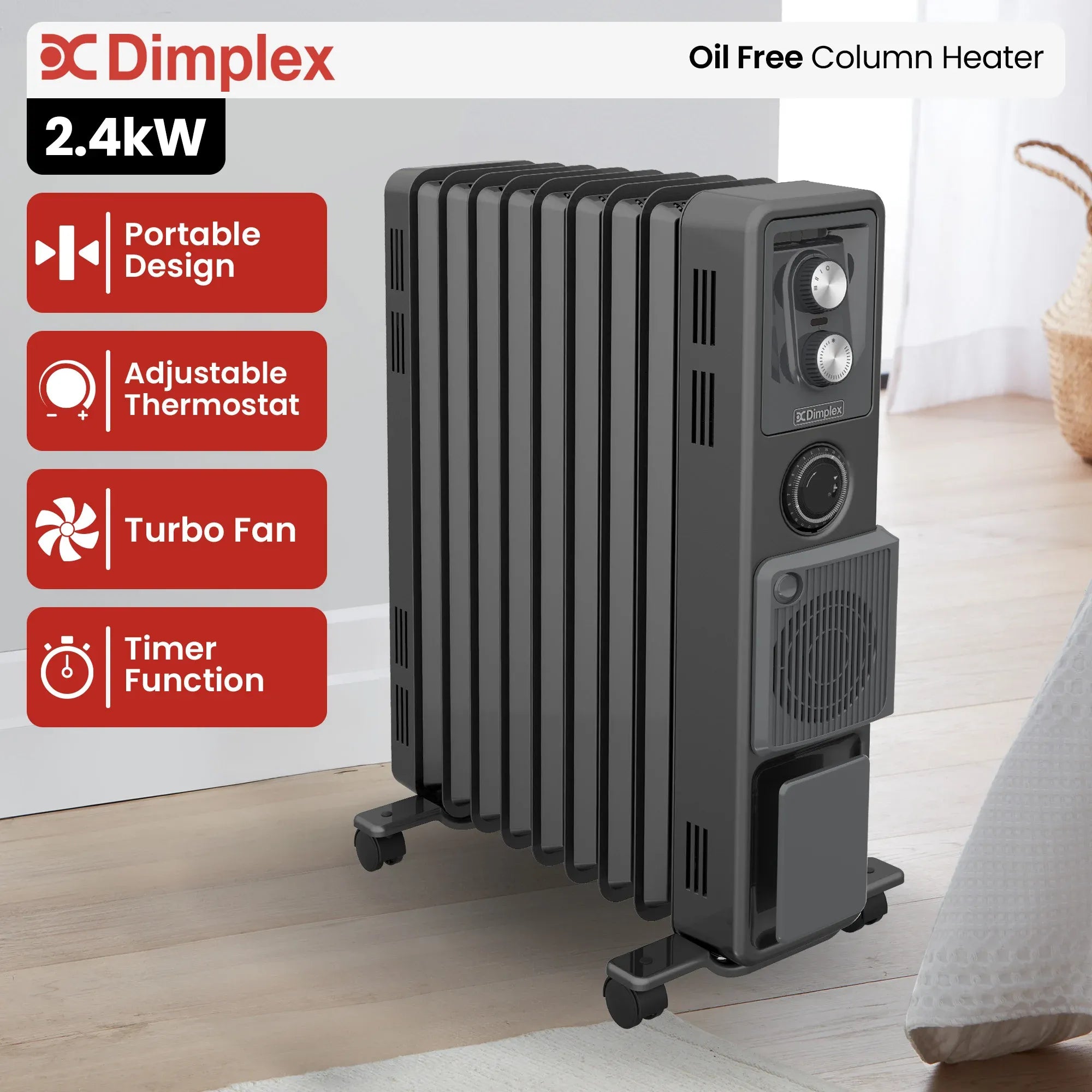 Dimplex Oil Free 2.4kW Column Heater w/ Turbo Fan and Timer in Black V240-ECR24TIF