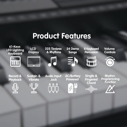 Karrera 61 Keys Electronic LED Keyboard Piano with Stand - Black V240-EKB-CHJ-61-BK-LED