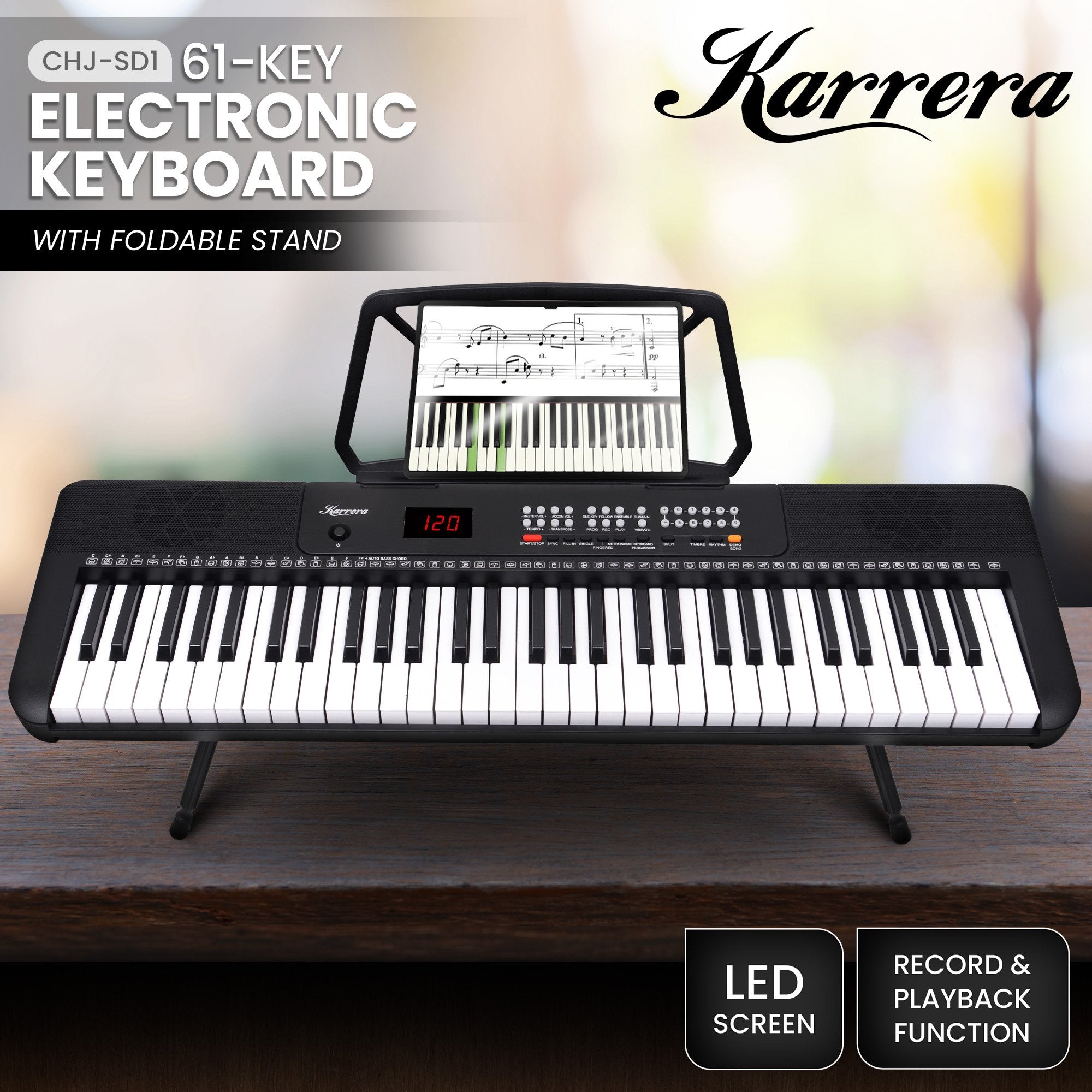 Karrera 61-Key Electronic Piano Keyboard with LED and Folding Stand in Black CHJ-SD1 V240-EKB-CHJ-SD1-BK