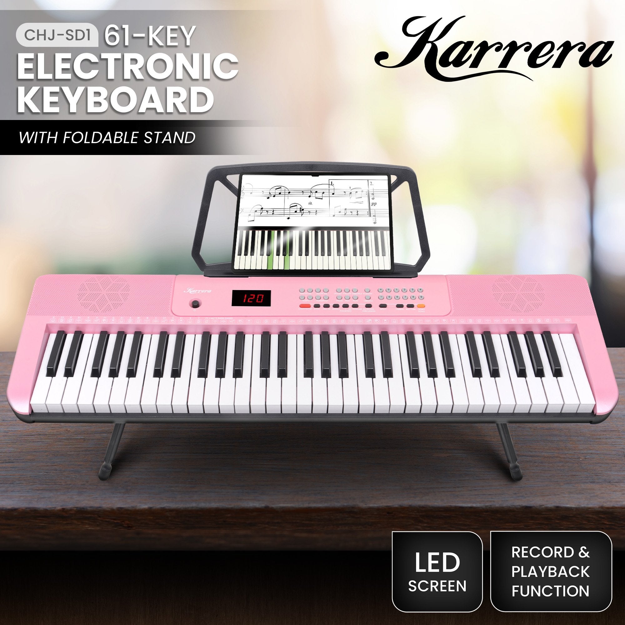 Karrera 61-Key Electronic Piano Keyboard with LED and Folding Stand in Pink CHJ-SD1 V240-EKB-CHJ-SD1-PK
