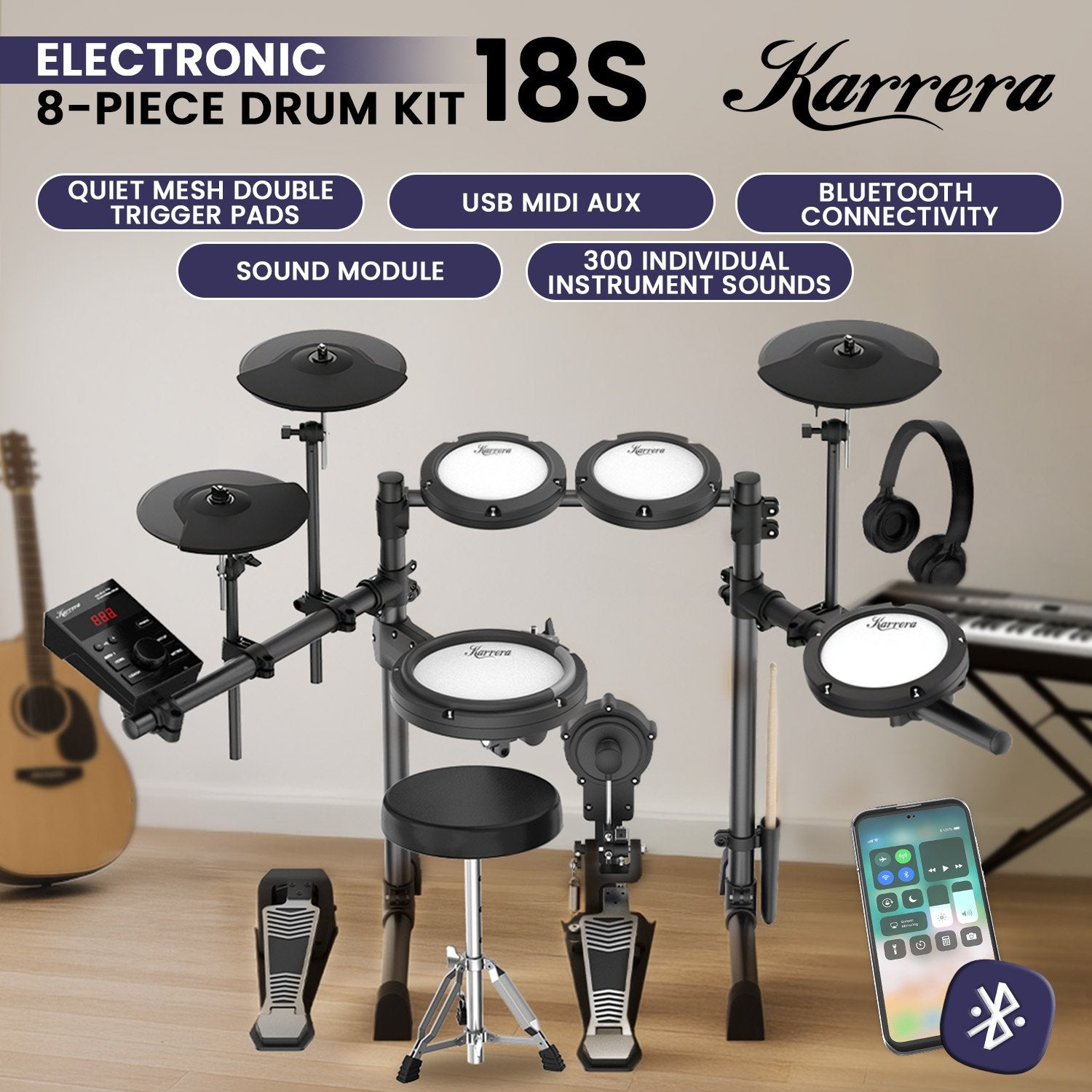 Karrera 18S Electronic Drum Kit Mesh Pads 8in Snare Bluetooth Sounds USB/MIDI Output Kick Pedals Drum Coach & V240-ELE-DRM-18S