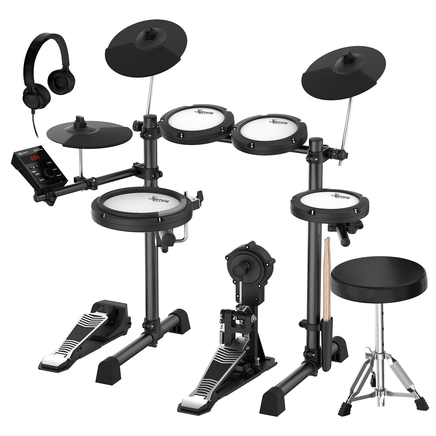 Karrera 18S Electronic Drum Kit Mesh Pads 8in Snare Bluetooth Sounds USB/MIDI Output Kick Pedals Drum Coach & V240-ELE-DRM-18S