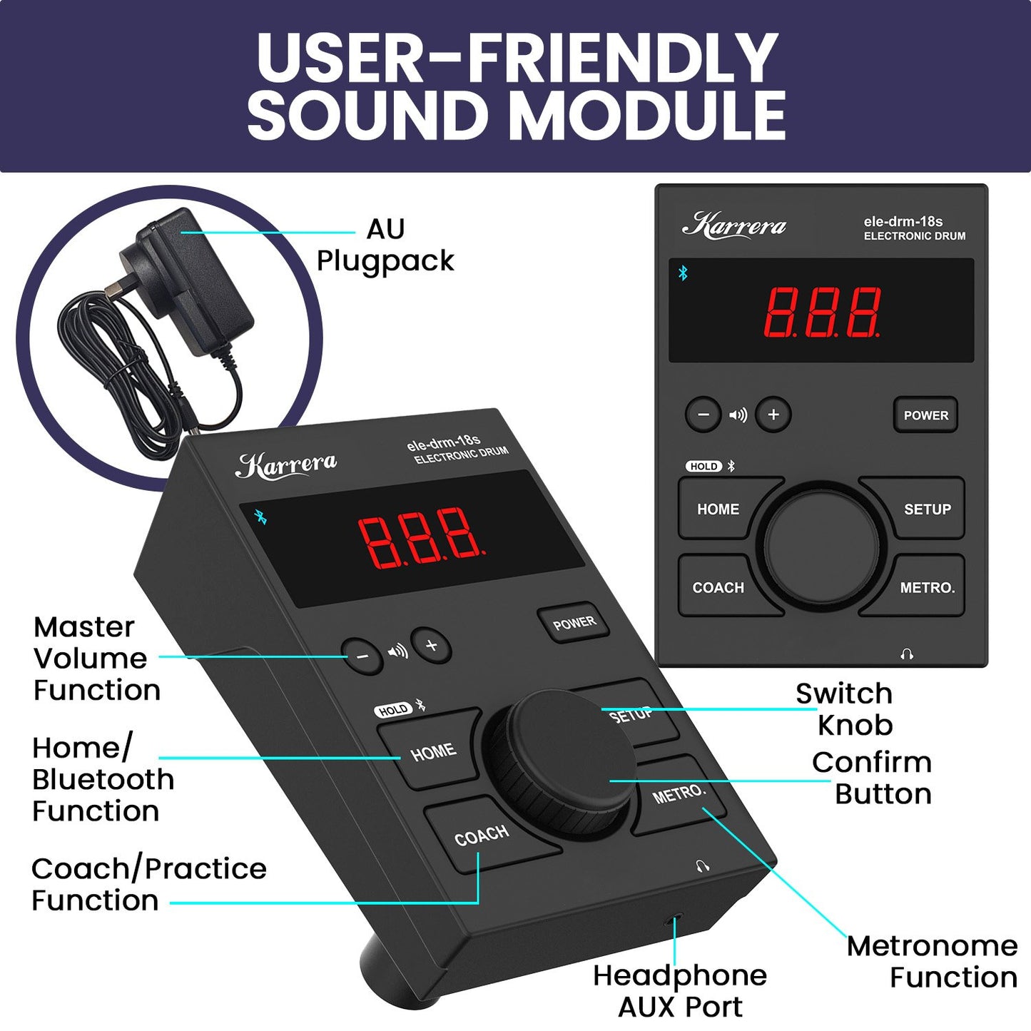 Karrera 18S Electronic Drum Kit Mesh Pads 8in Snare Bluetooth Sounds USB/MIDI Output Kick Pedals Drum Coach & V240-ELE-DRM-18S