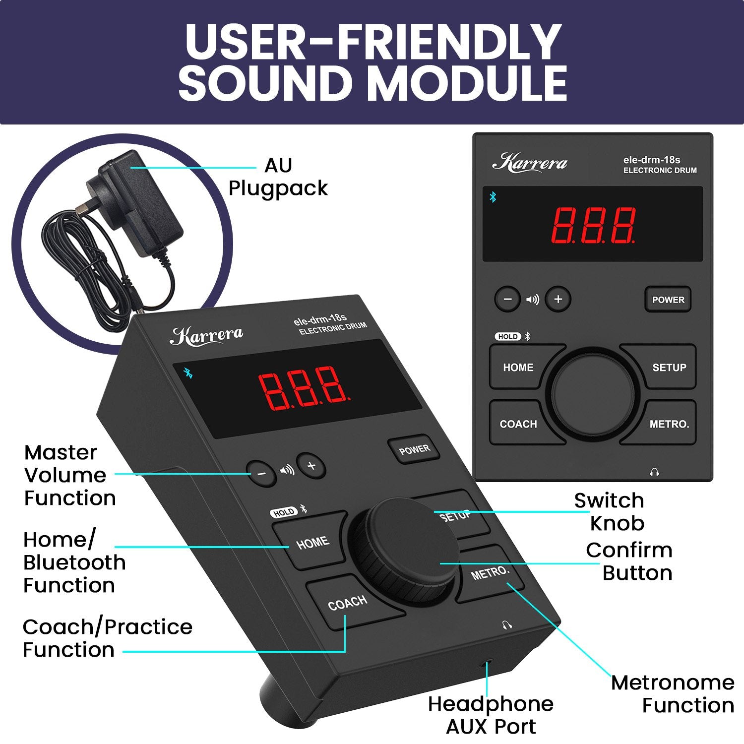 Karrera 18S Electronic Drum Kit Mesh Pads 8in Snare Bluetooth Sounds USB/MIDI Output Kick Pedals Drum Coach & V240-ELE-DRM-18S