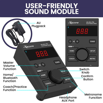 Karrera 18S Electronic Drum Kit Mesh Pads 8in Snare Bluetooth Sounds USB/MIDI Output Kick Pedals Drum Coach & V240-ELE-DRM-18S