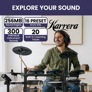 Karrera 18S Electronic Drum Kit Mesh Pads 8in Snare Bluetooth Sounds USB/MIDI Output Kick Pedals Drum Coach & V240-ELE-DRM-18S