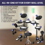 Karrera 18S Electronic Drum Kit Mesh Pads 8in Snare Bluetooth Sounds USB/MIDI Output Kick Pedals Drum Coach & V240-ELE-DRM-18S
