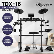 Karrera TDX-16 Electronic Drum Kit with LCD, Toms, Snares Quiet Mesh Pads & Pedals, Adjustable Stool, V240-ELE-DRM-5PC