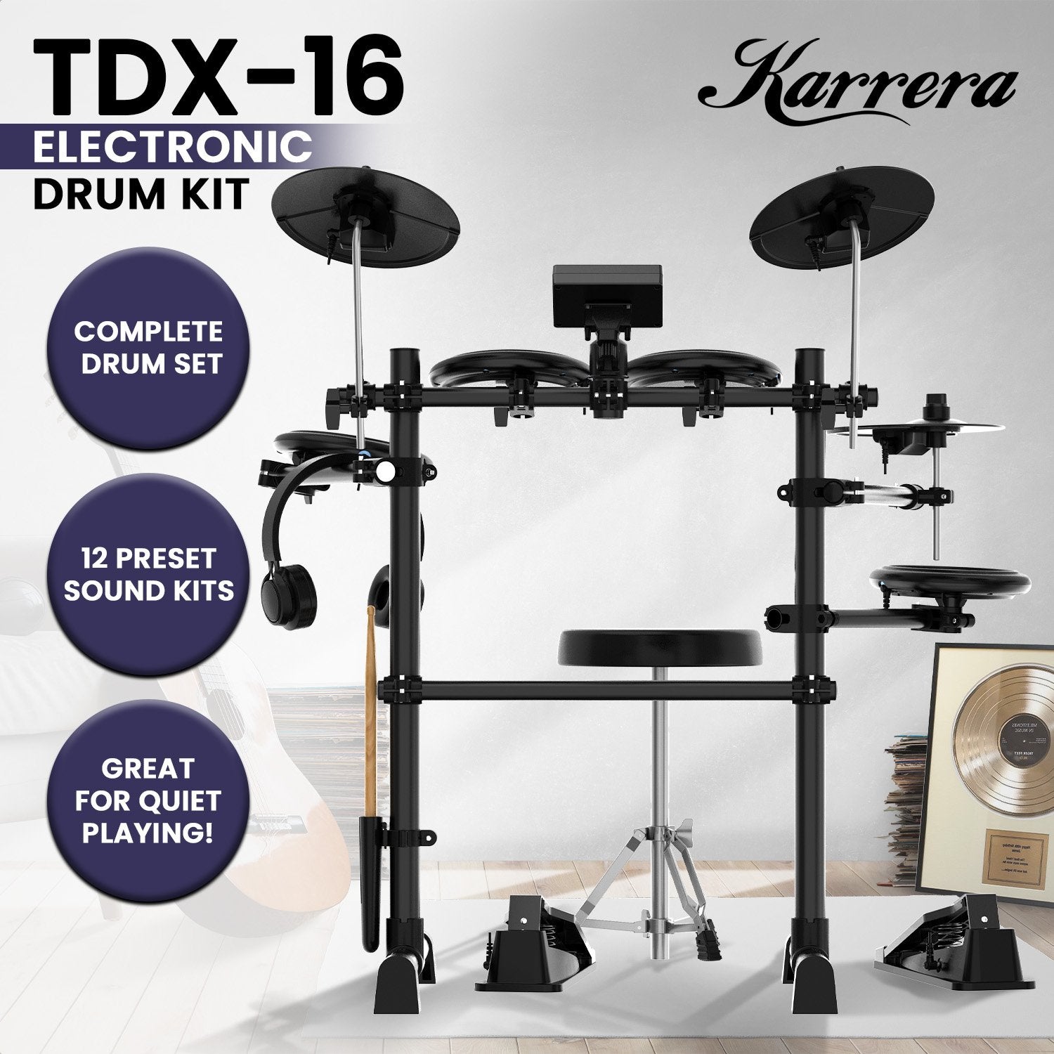 Karrera TDX-16 Electronic Drum Kit with LCD, Toms, Snares Quiet Mesh Pads & Pedals, Adjustable Stool, V240-ELE-DRM-5PC